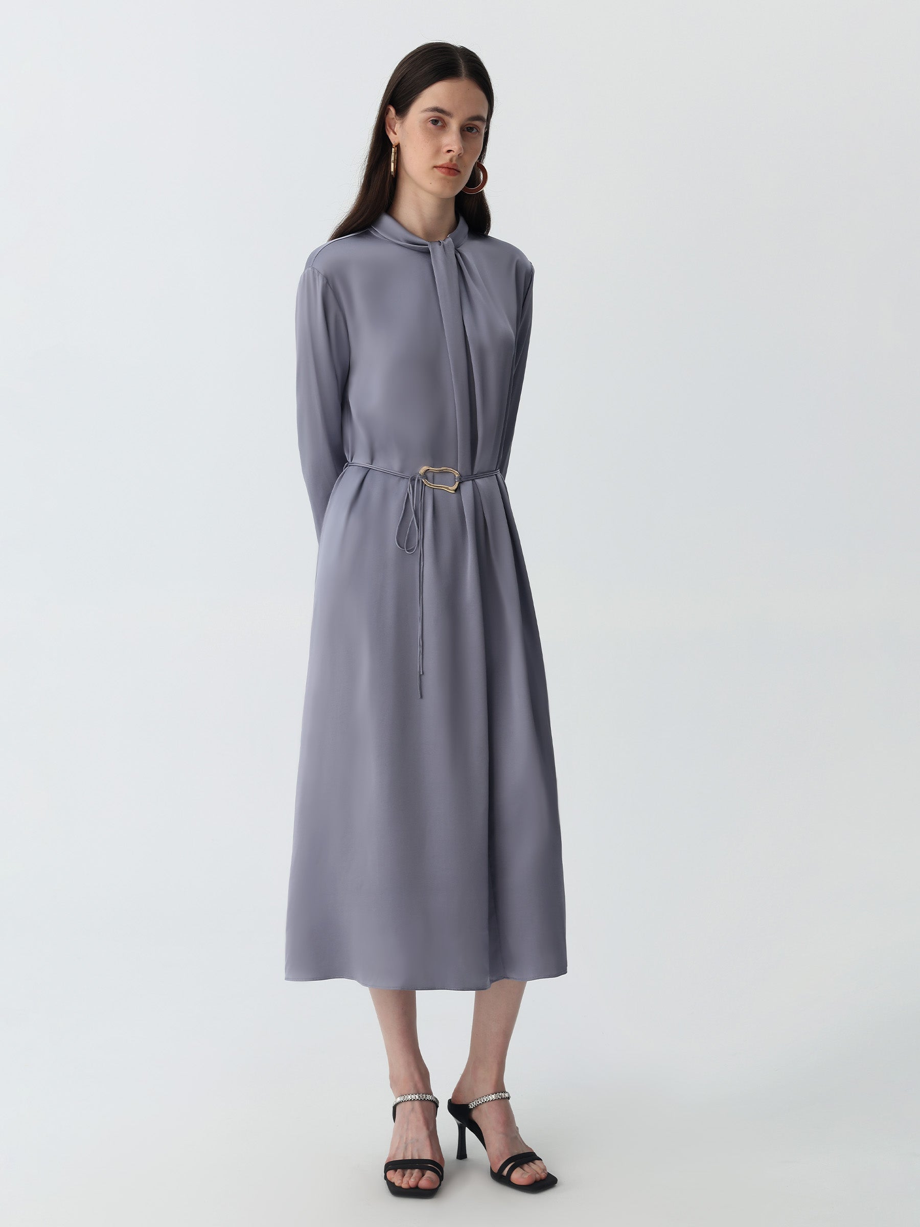 Silk Belted A-line Midi Shirtdress #color_Indigo Gray