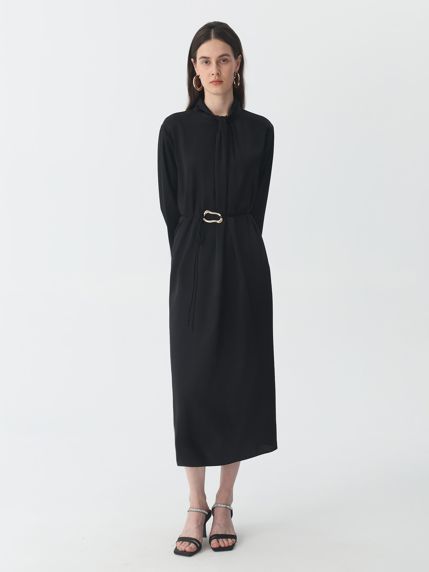 Silk Belted A-line Midi Shirtdress #color_Black