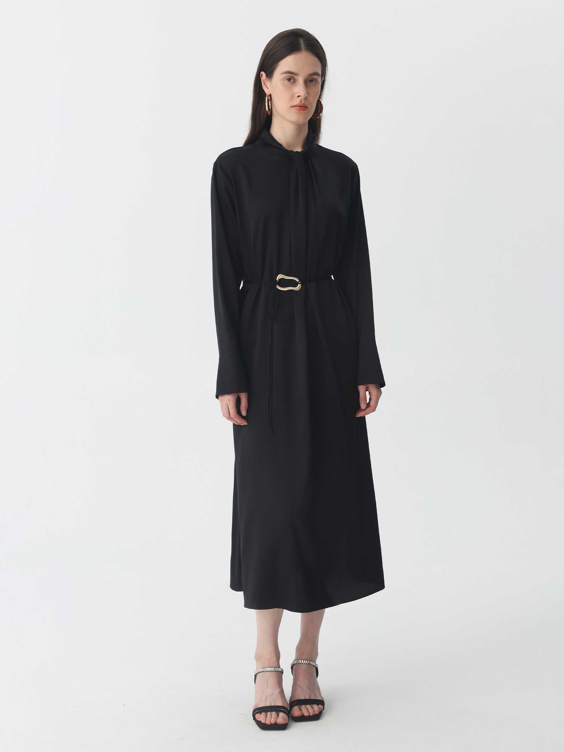 Silk Belted A-line Midi Shirtdress #color_Black