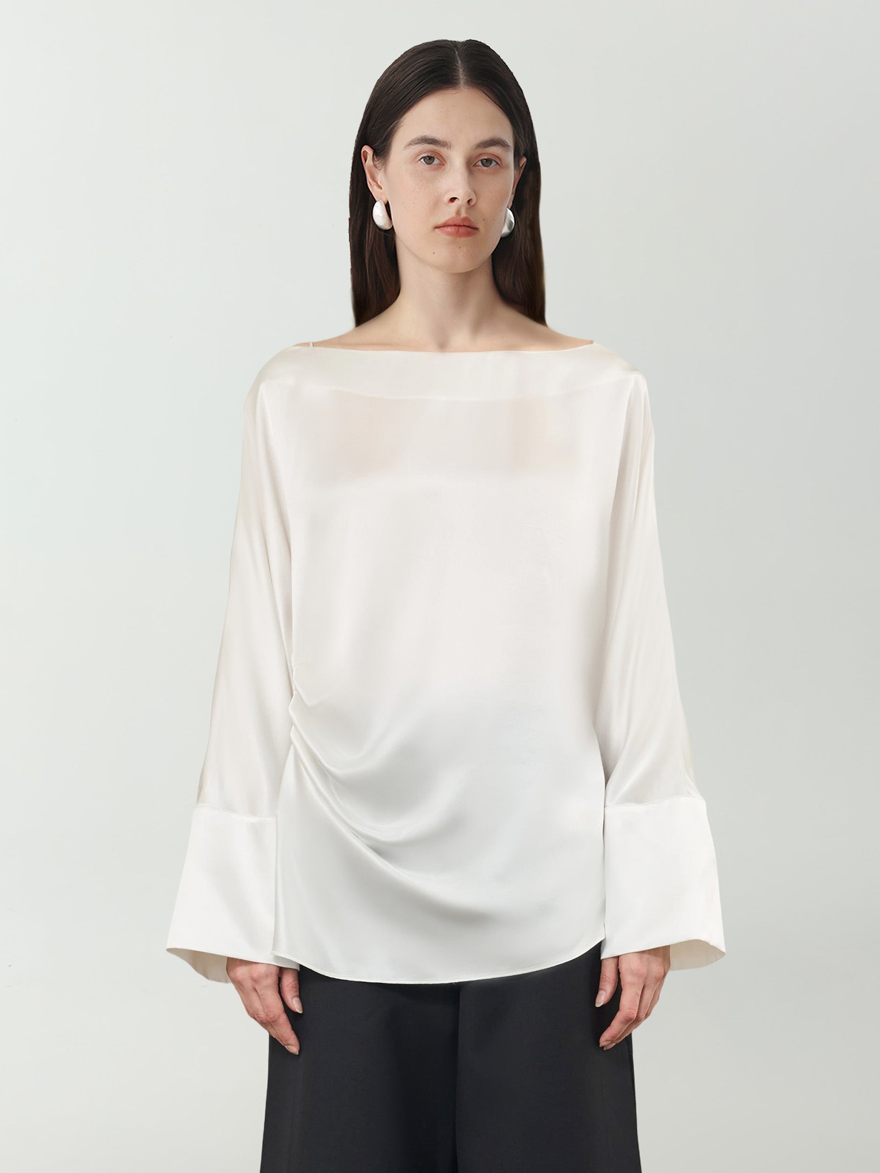 Batwing Sleeve Silk Top with Asymmetrical Pleates #color_White