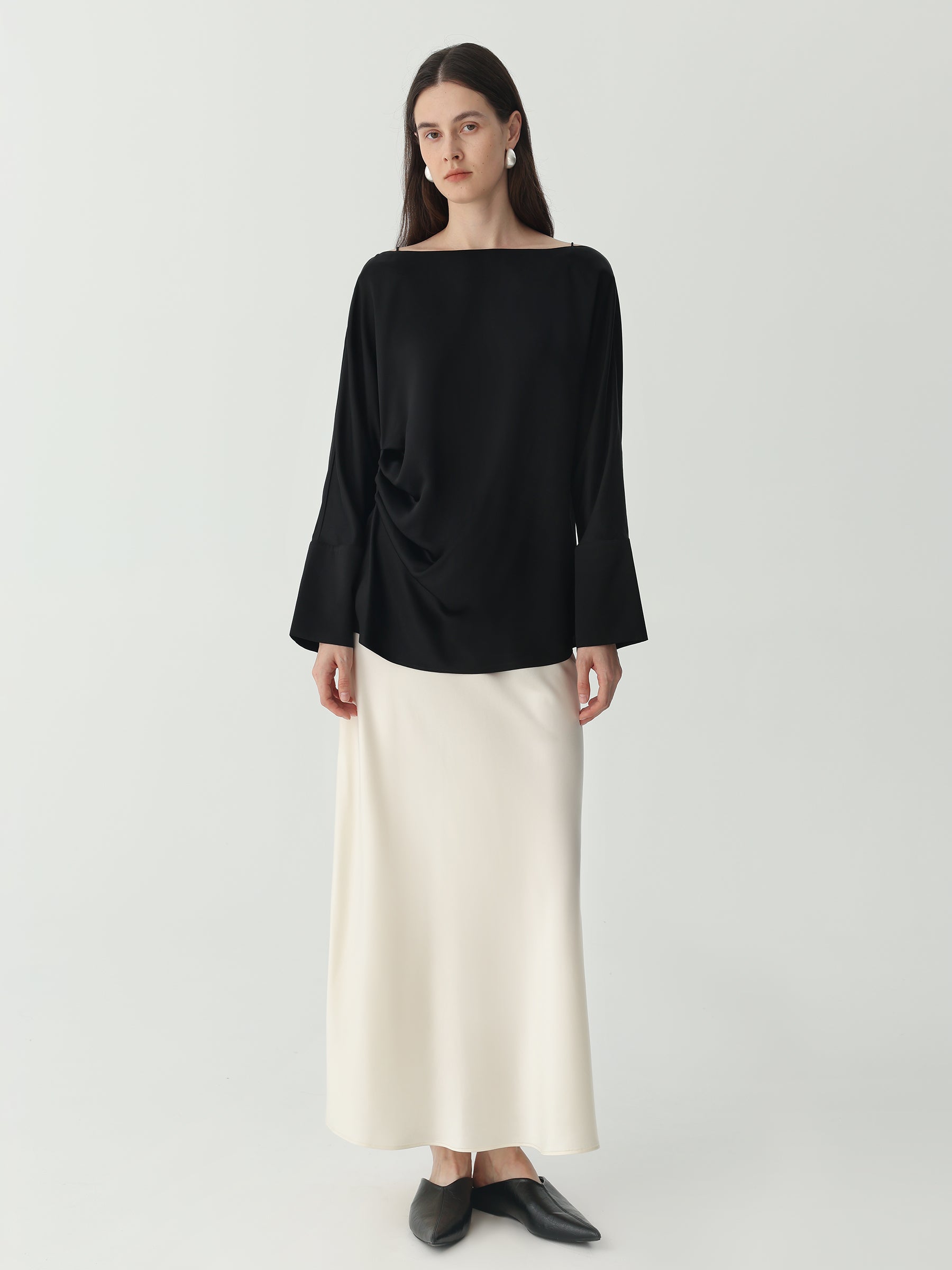 Batwing Sleeve Silk Top with Asymmetrical Pleates #color_Black