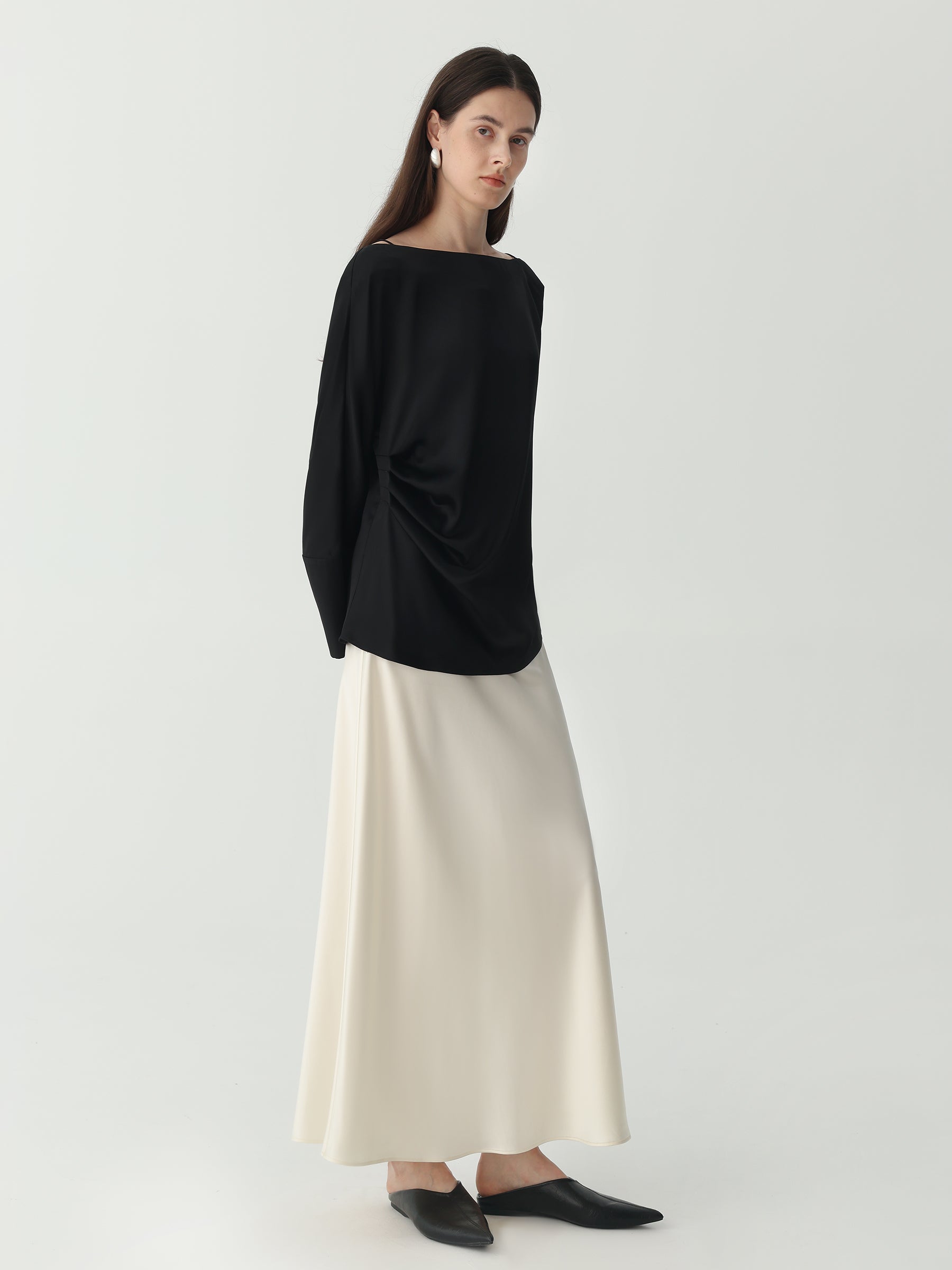 Batwing Sleeve Silk Top with Asymmetrical Pleates #color_Black