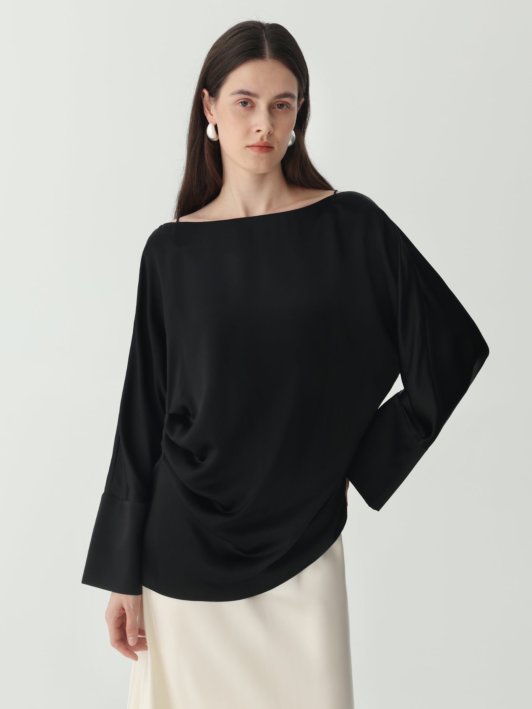 Batwing Sleeve Silk Top with Asymmetrical Pleates #color_Black