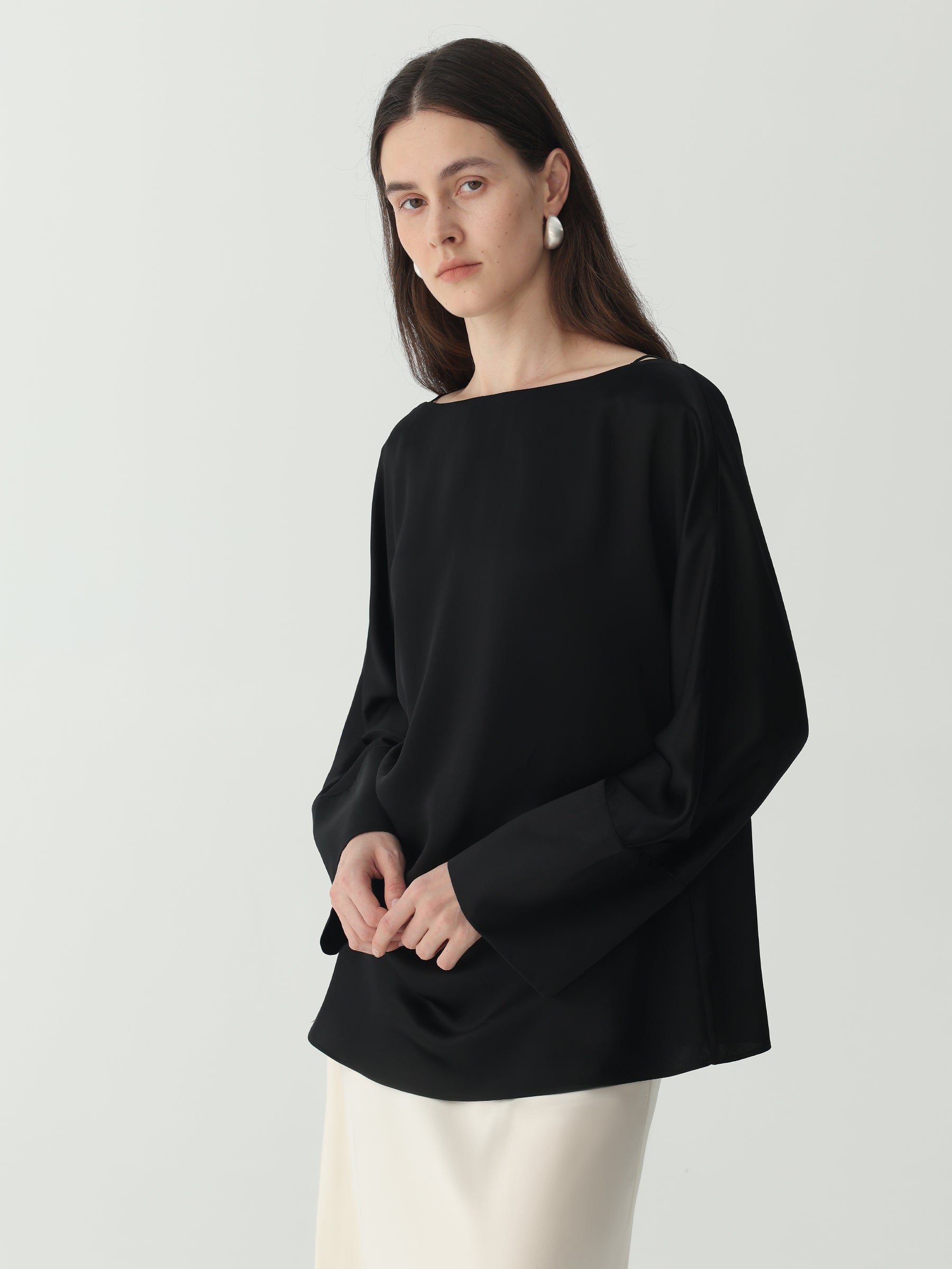 Batwing Sleeve Silk Top with Asymmetrical Pleates #color_Black