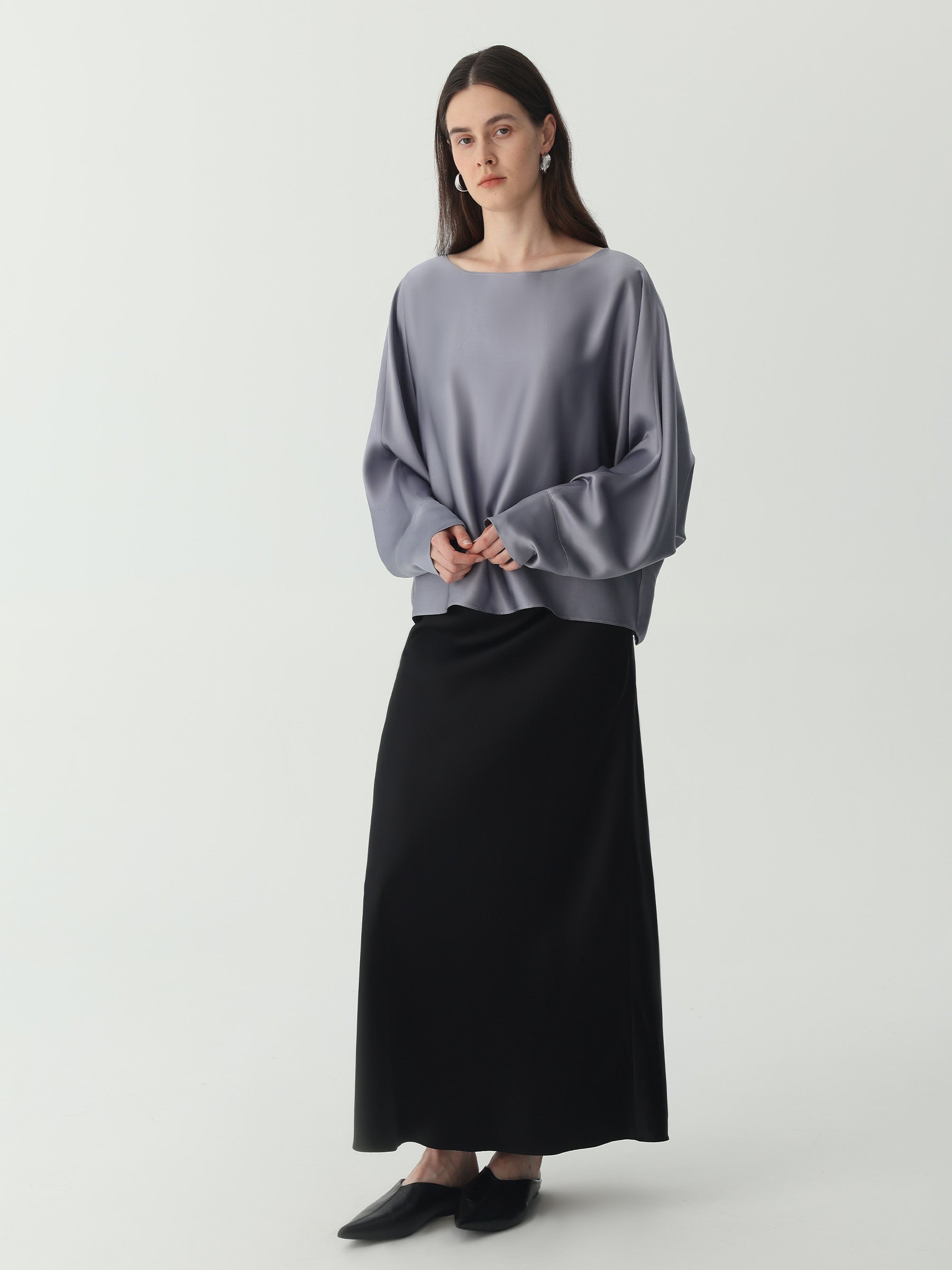 Batwing-Sleeve Blouse in Silk #color_Indigo Gray