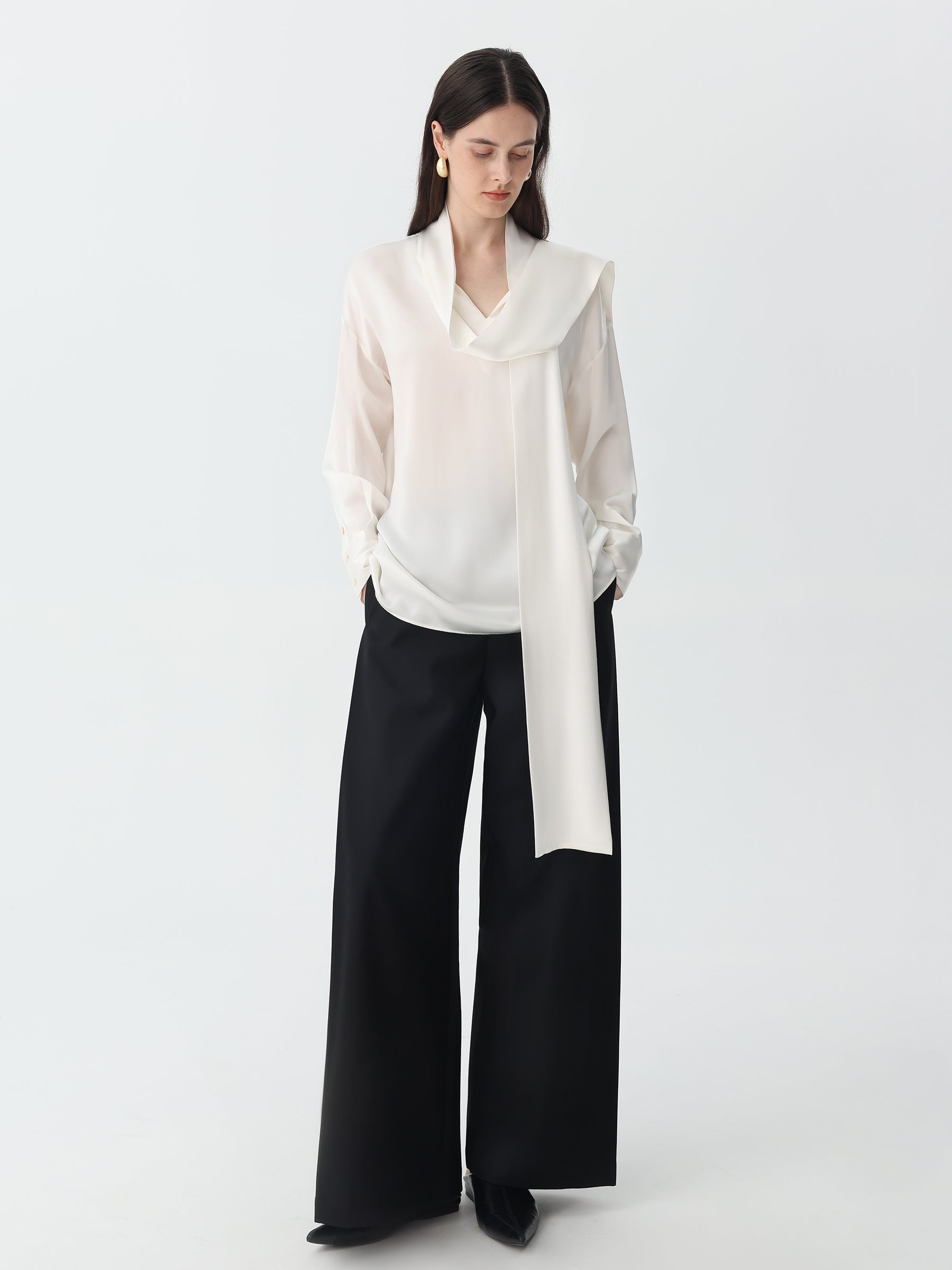 Scarf Tie Blouse in Silk #color_White