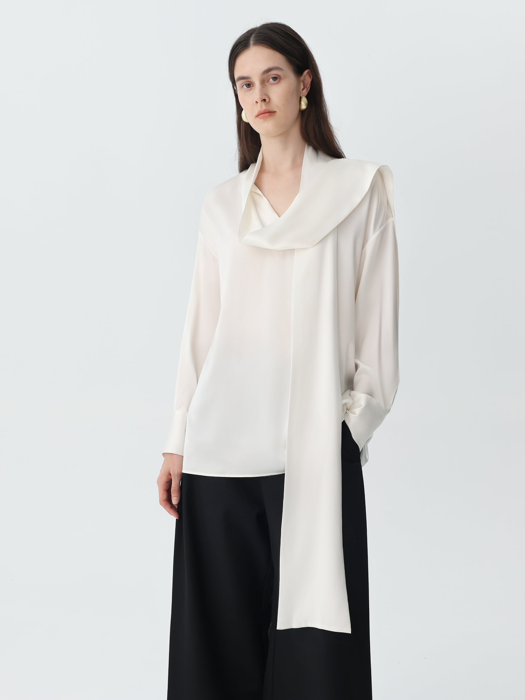 Scarf Tie Blouse in Silk #color_White