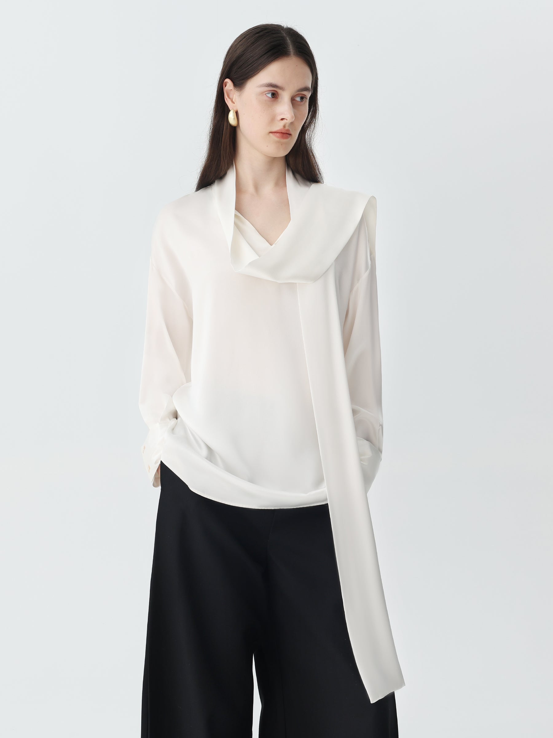 Scarf Tie Blouse in Silk #color_White