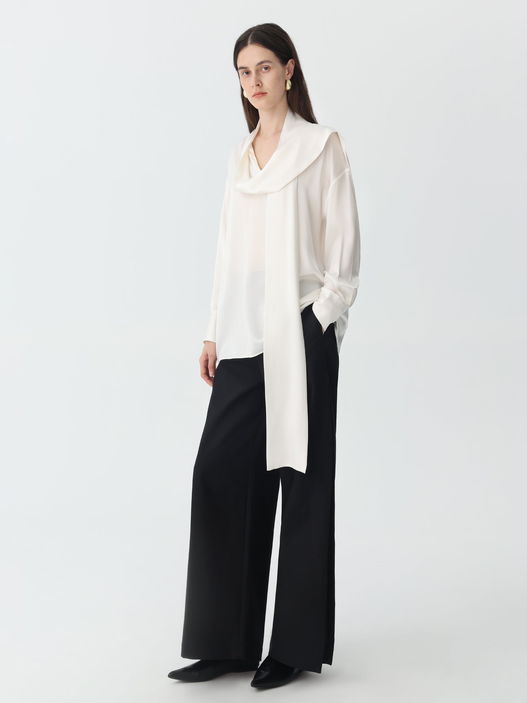 Scarf Tie Blouse in Silk #color_White