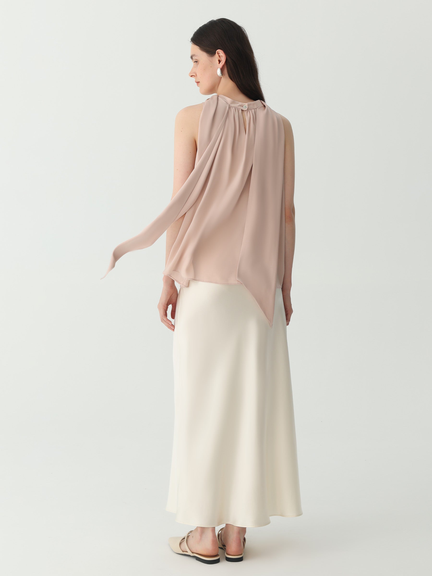 Sleeveless Turtleneck Ribbon Blouse in Silk #color_Pink-Cinnamon