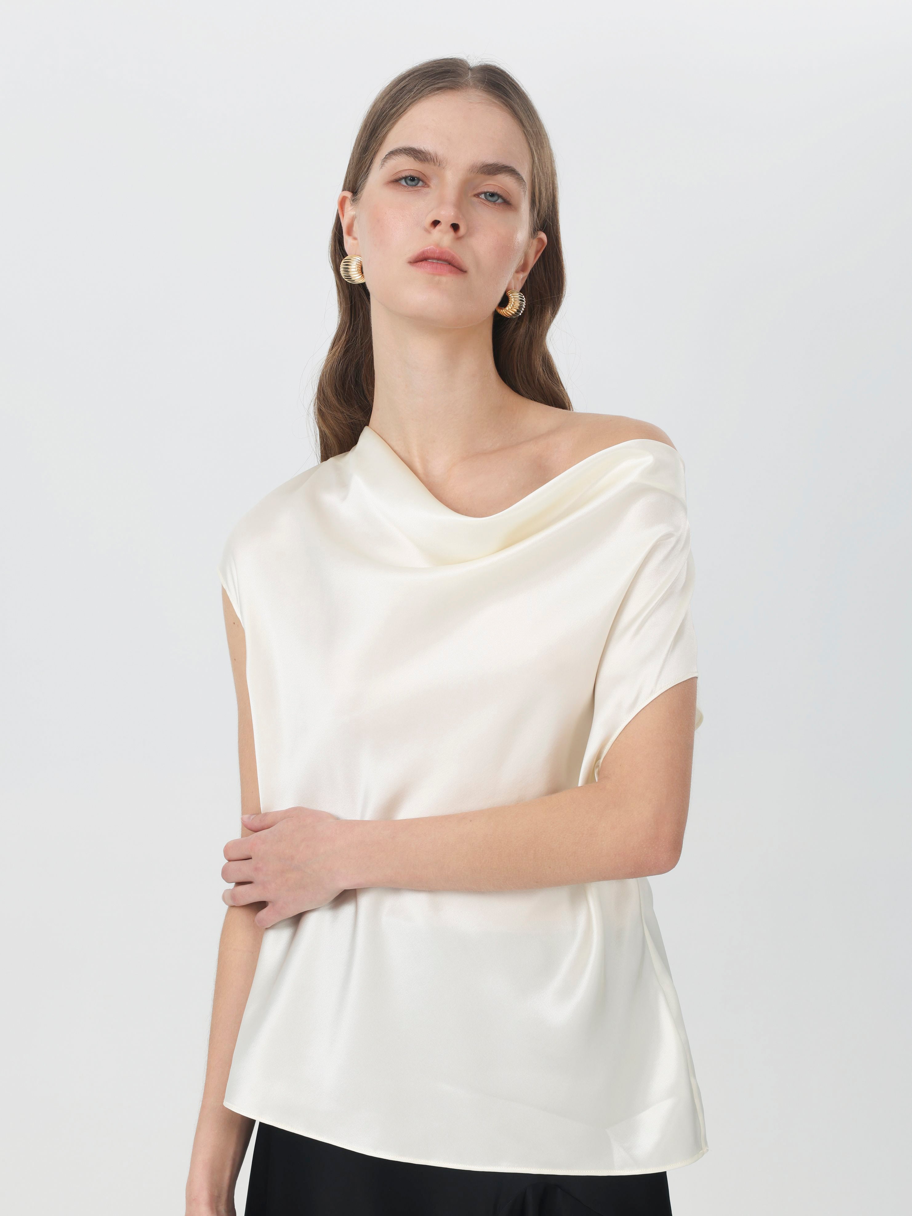 Silk Cowl Neck Cap Sleeve Top#color_White