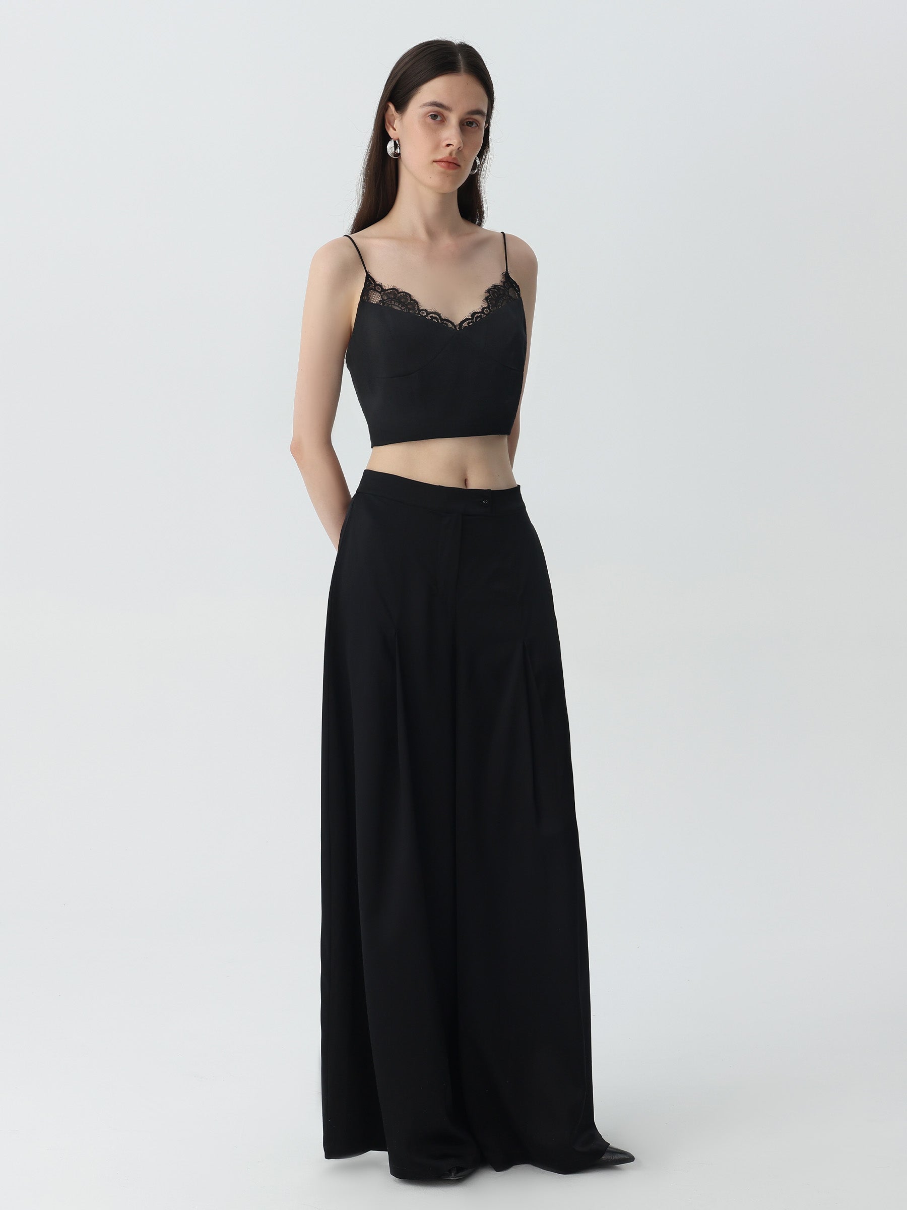Women's Lace Camisole Crop Top #color_Black