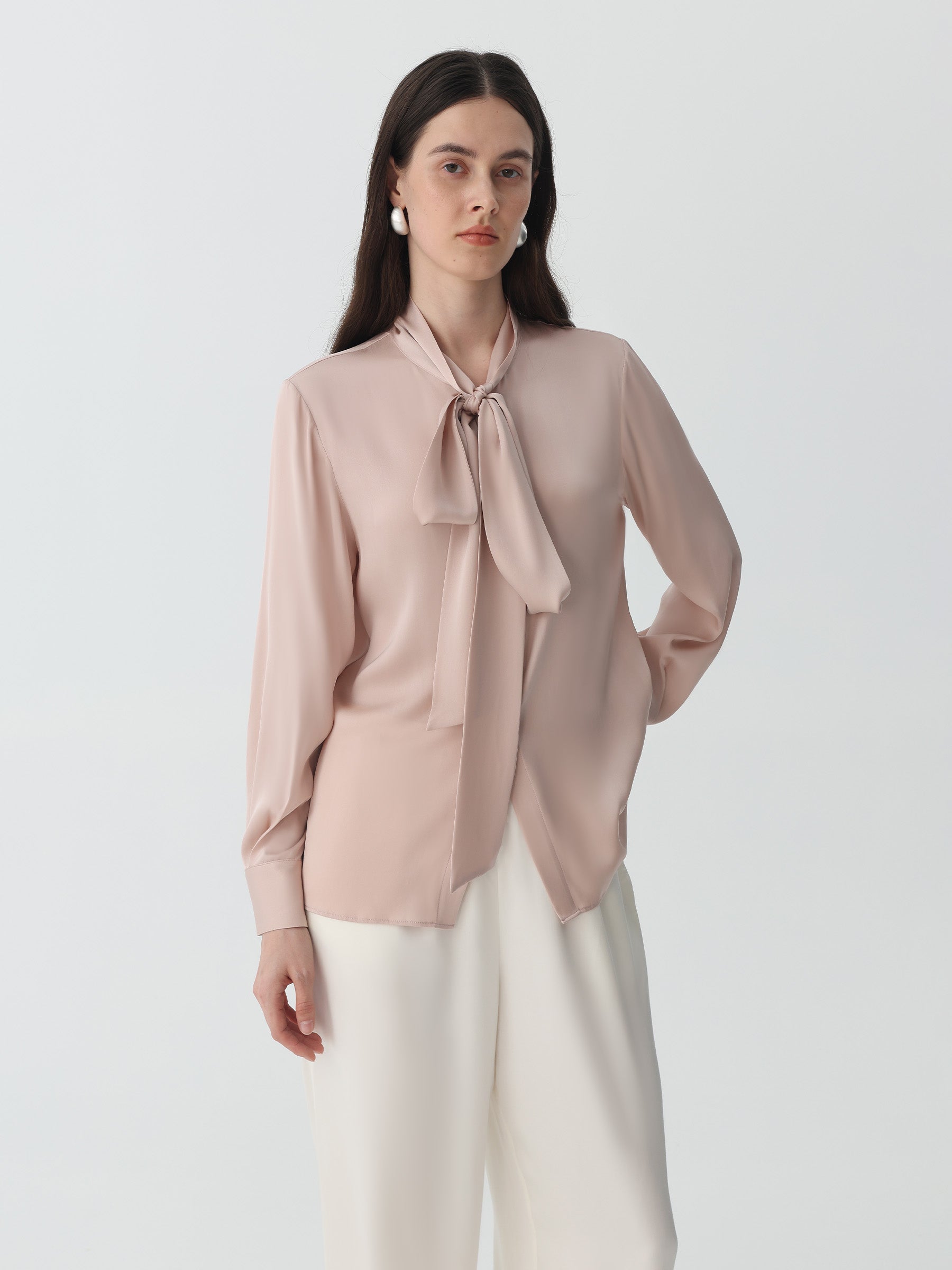 Bow-Tie Neck Silk Blouse #color_Pink-Cinnamon