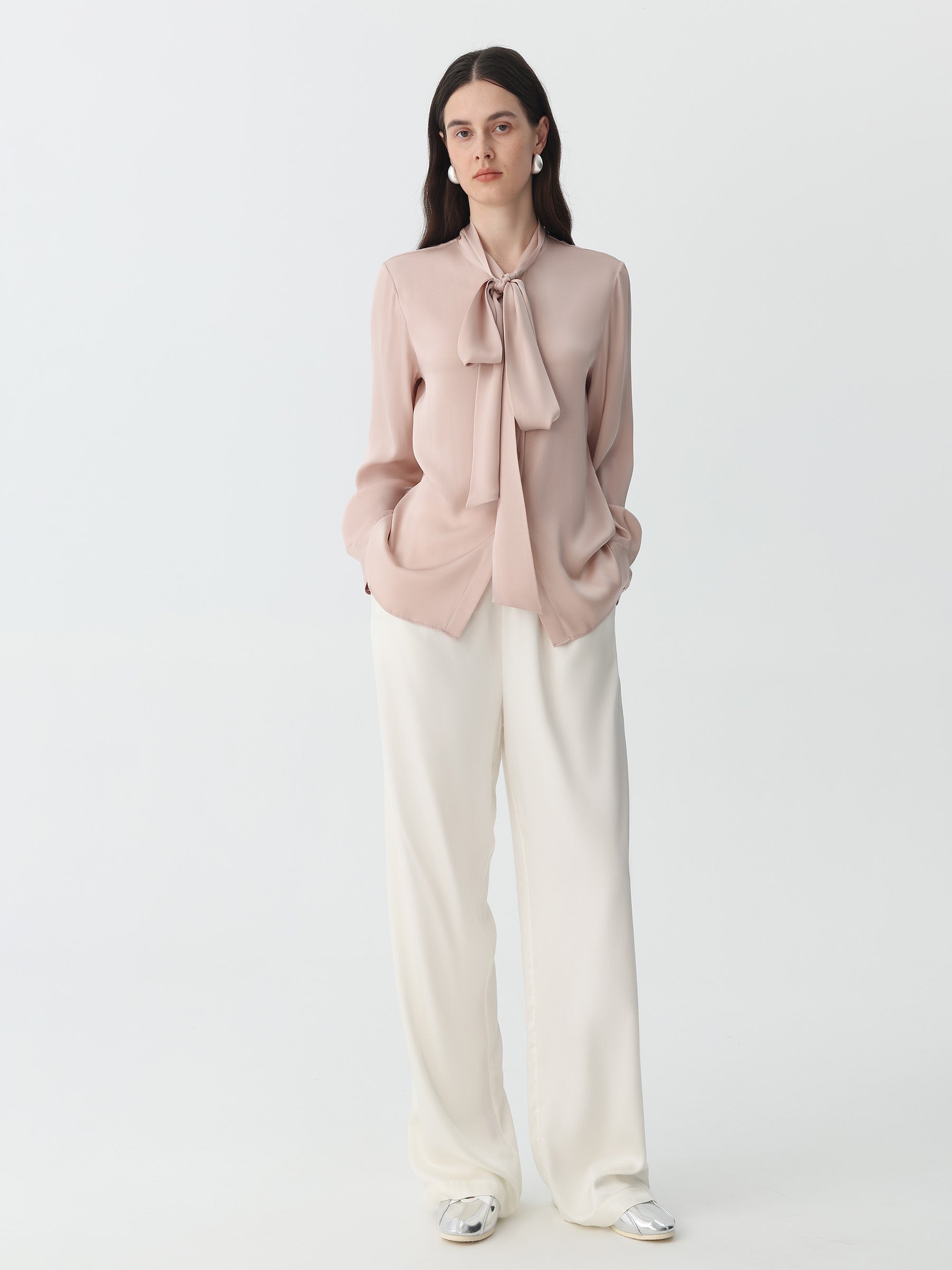 Bow-Tie Neck Silk Blouse #color_Pink-Cinnamon
