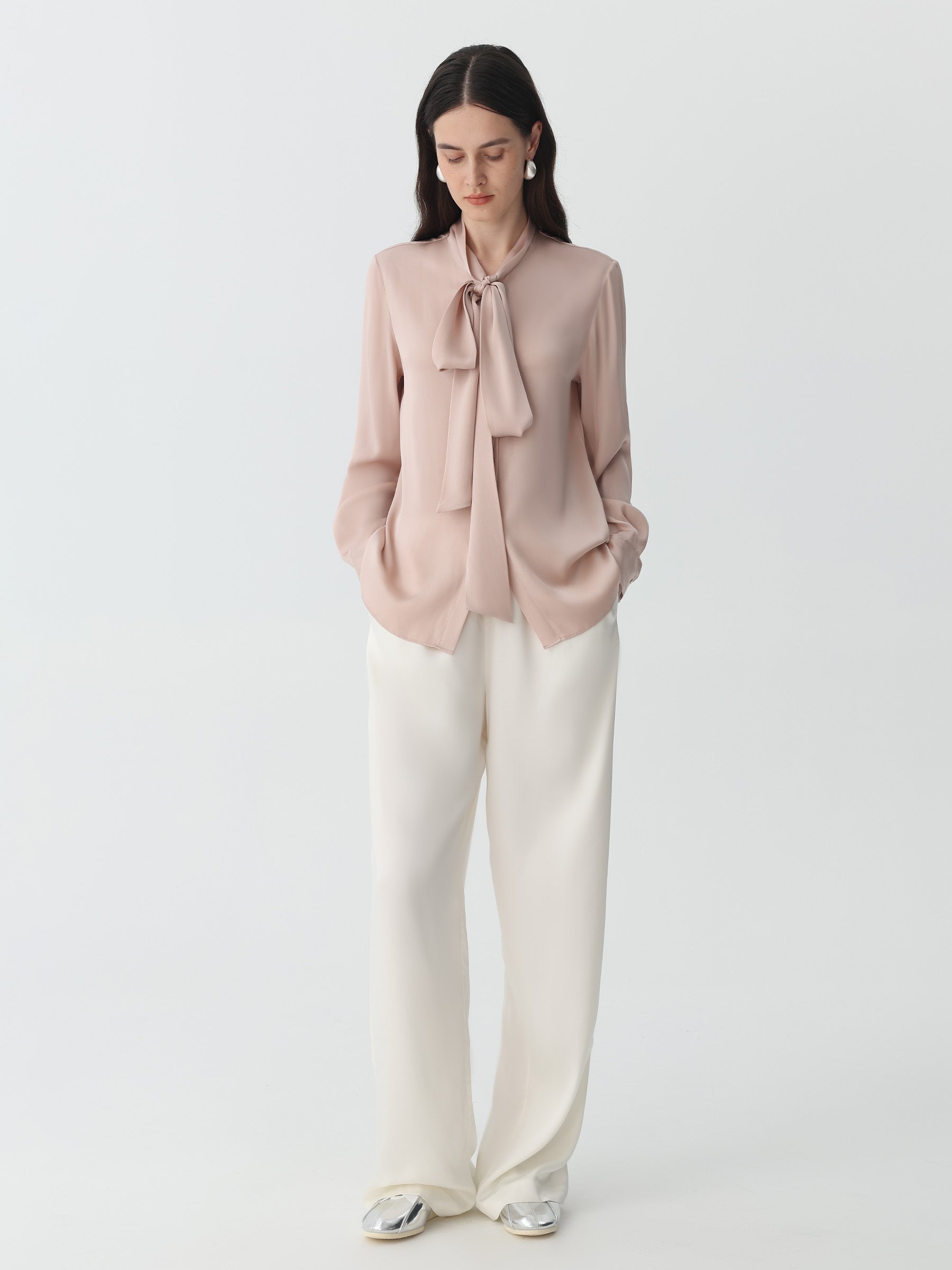 Bow-Tie Neck Silk Blouse #color_Pink-Cinnamon