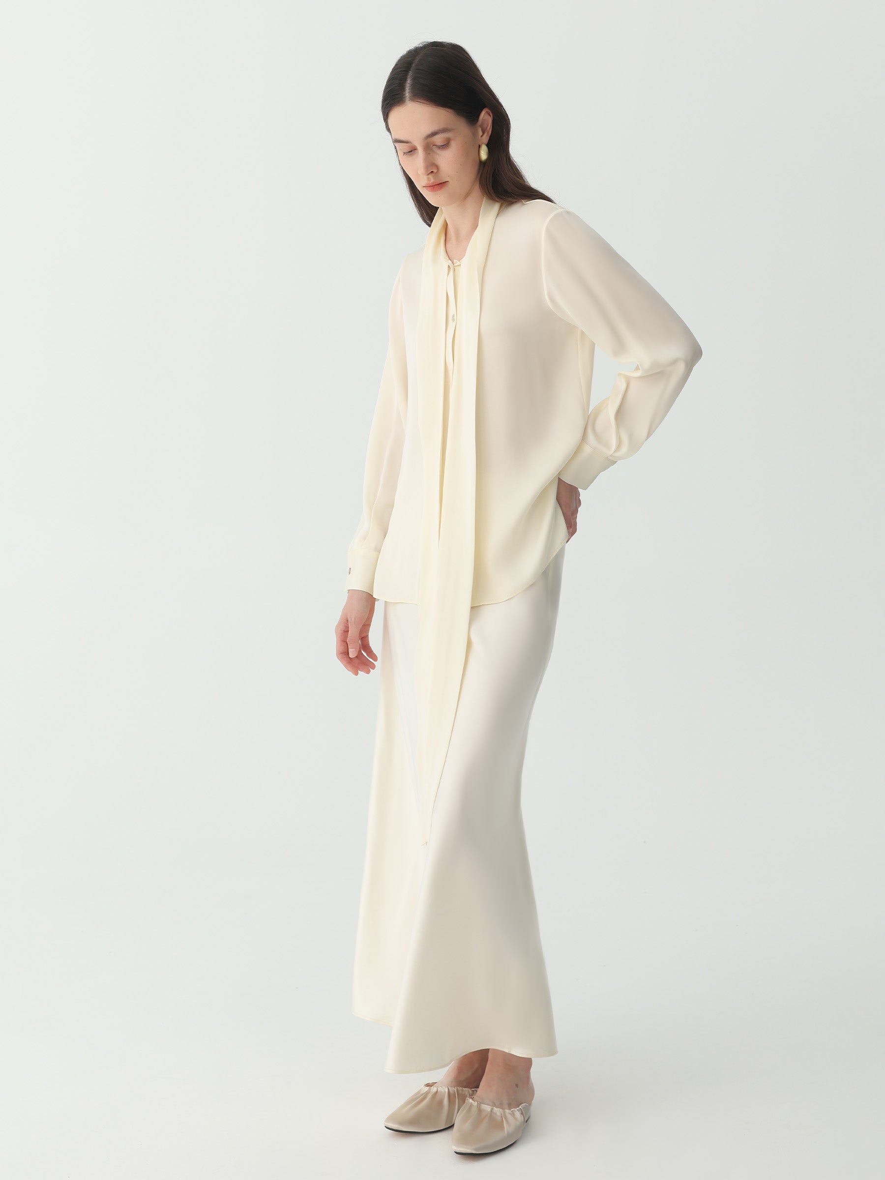 Bow-Tie Neck Silk Blouse #color_Ivory White