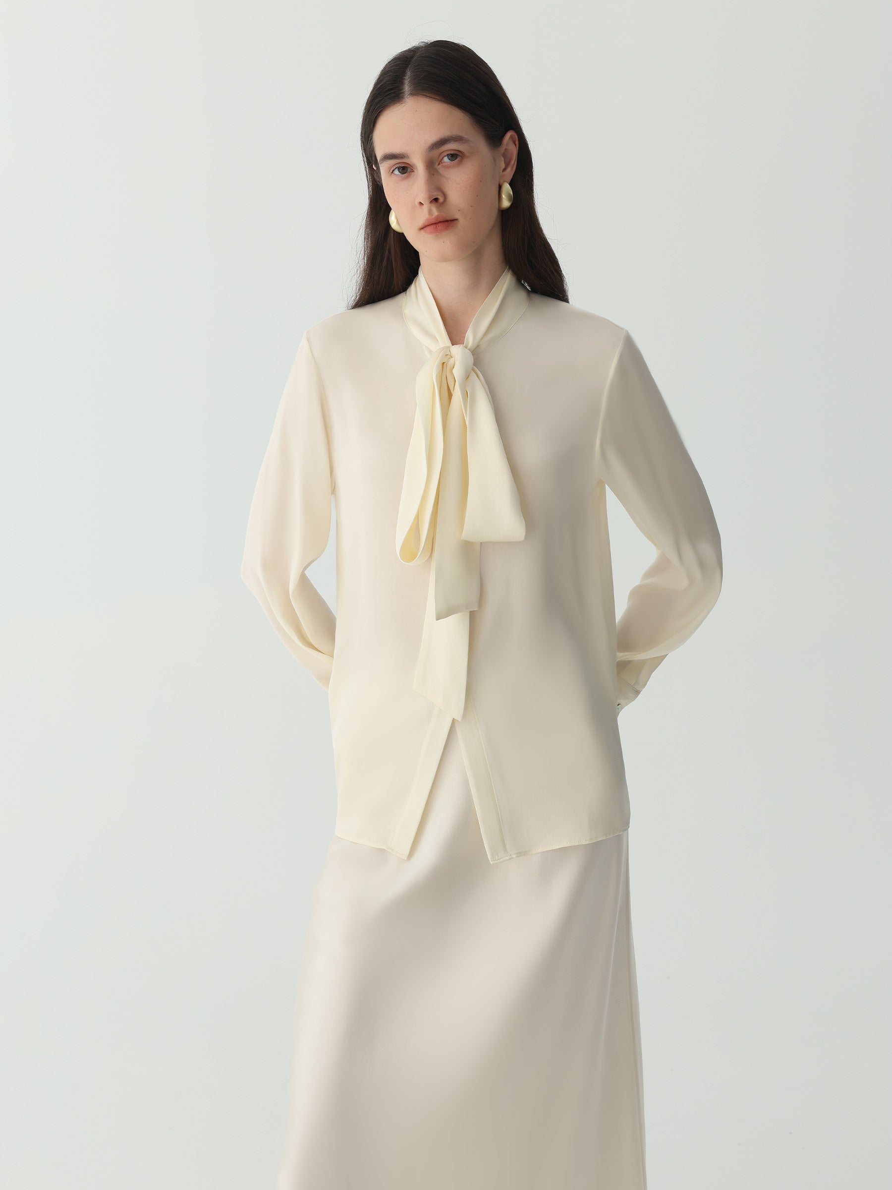 Bow-Tie Neck Silk Blouse #color_Ivory White