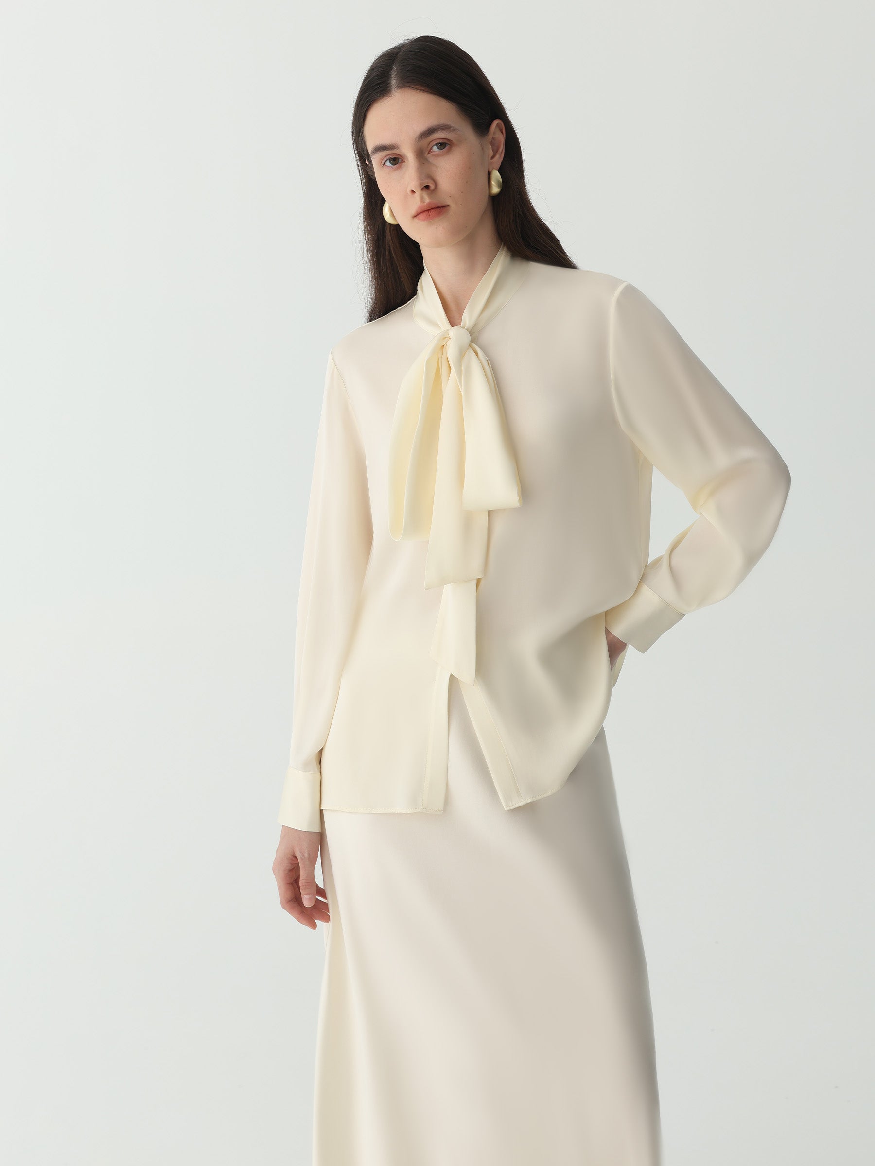 Bow-Tie Neck Silk Blouse #color_Ivory White