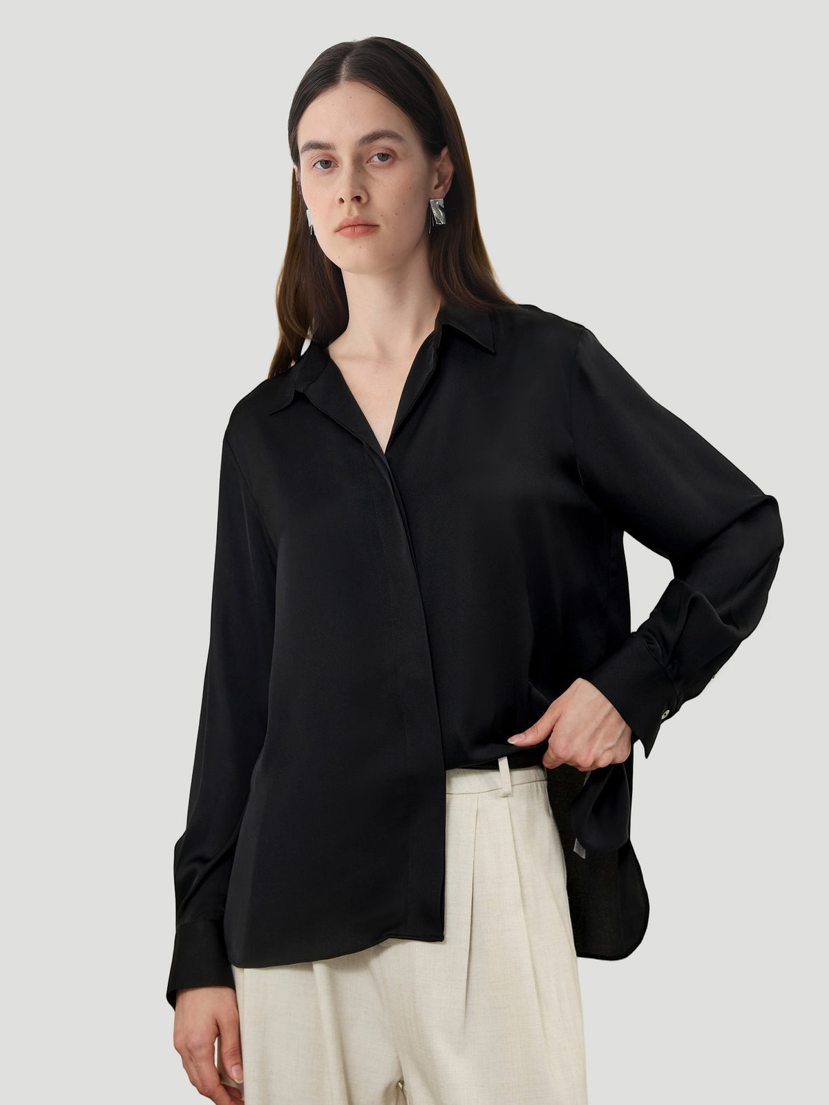 Concealed Placket Shirt in Silk #color_Black