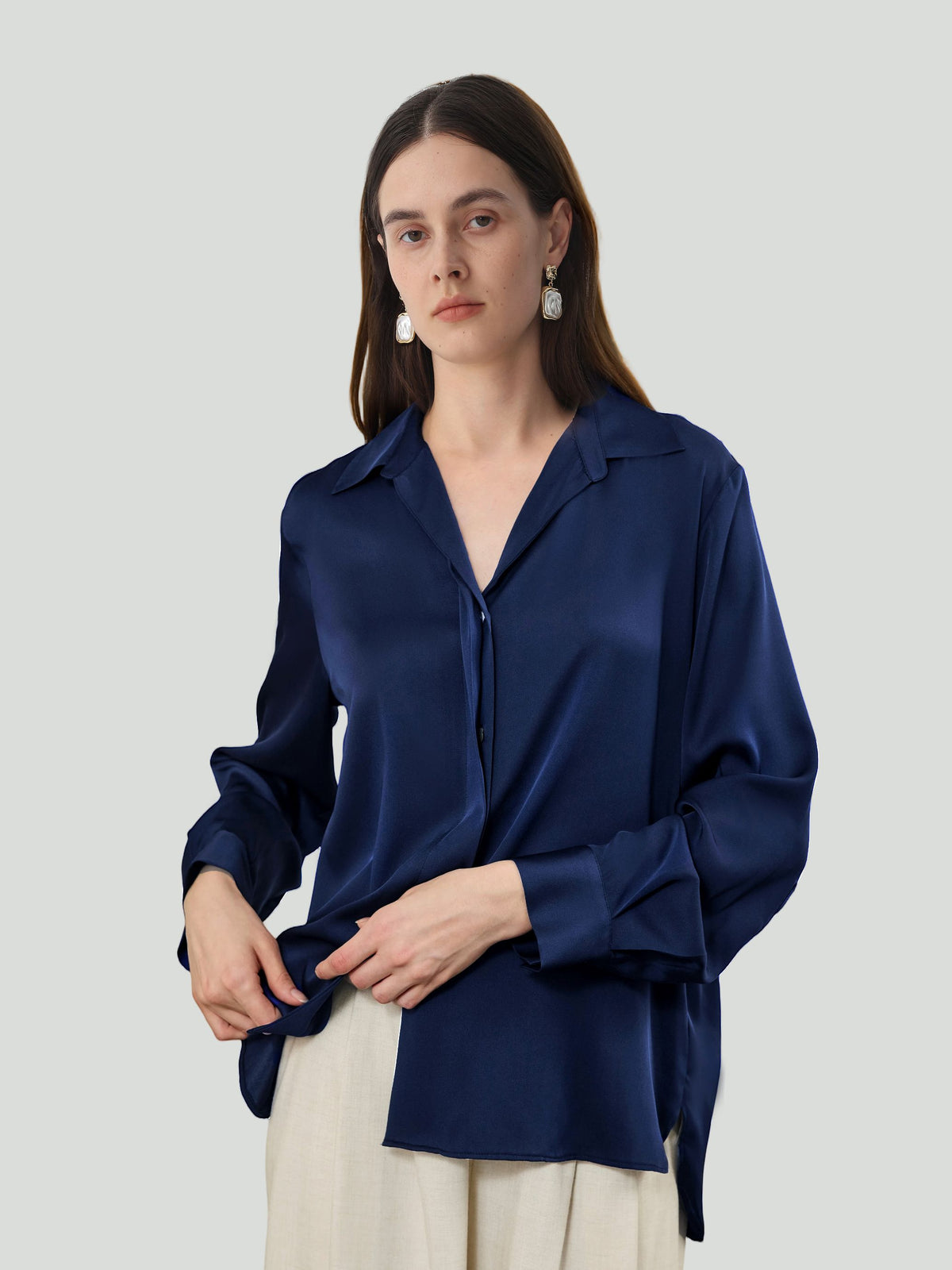 Concealed Placket Shirt in Silk #color_Navy
