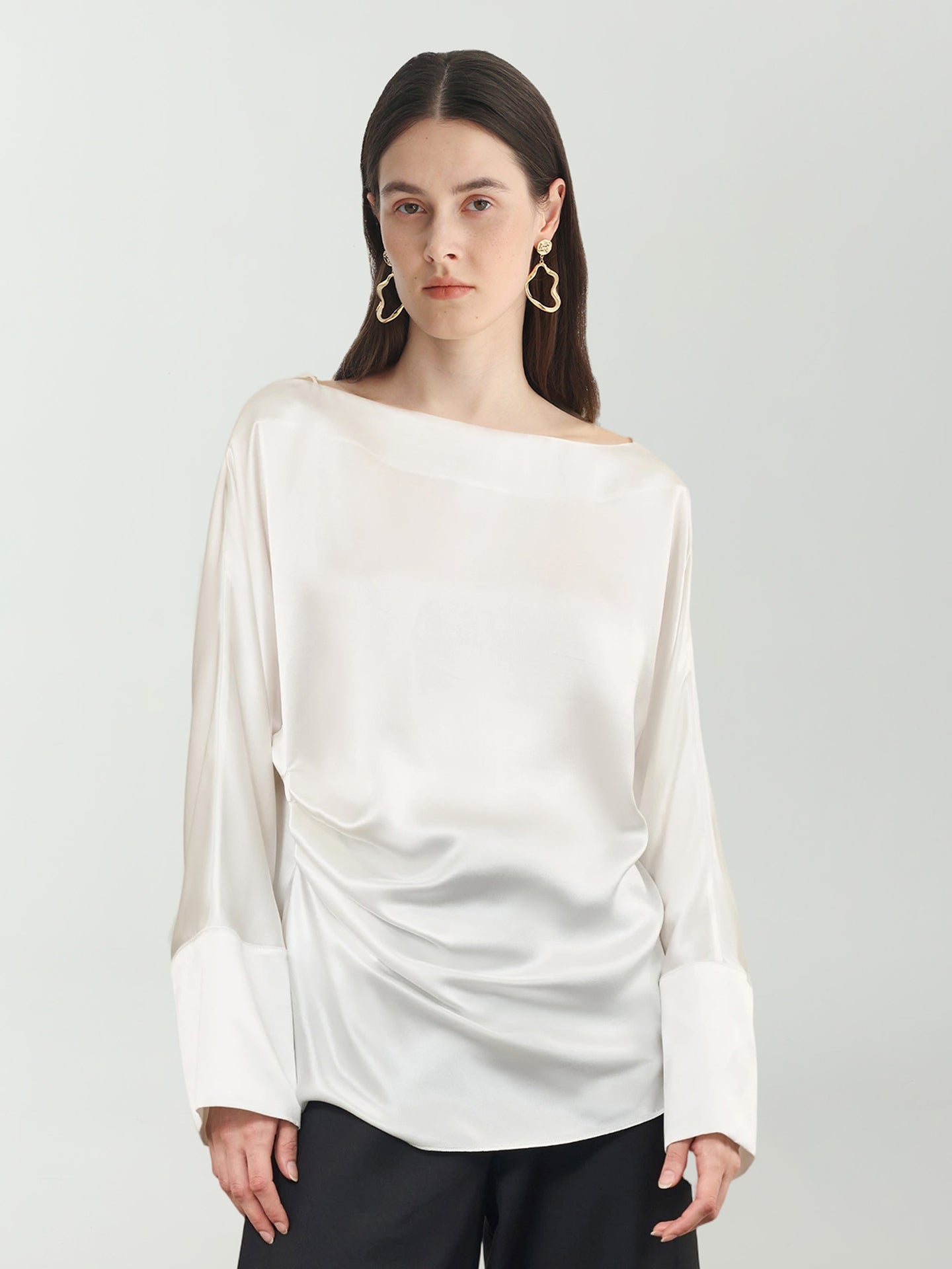 Batwing Sleeve Silk Top with Asymmetrical Pleates#color_White