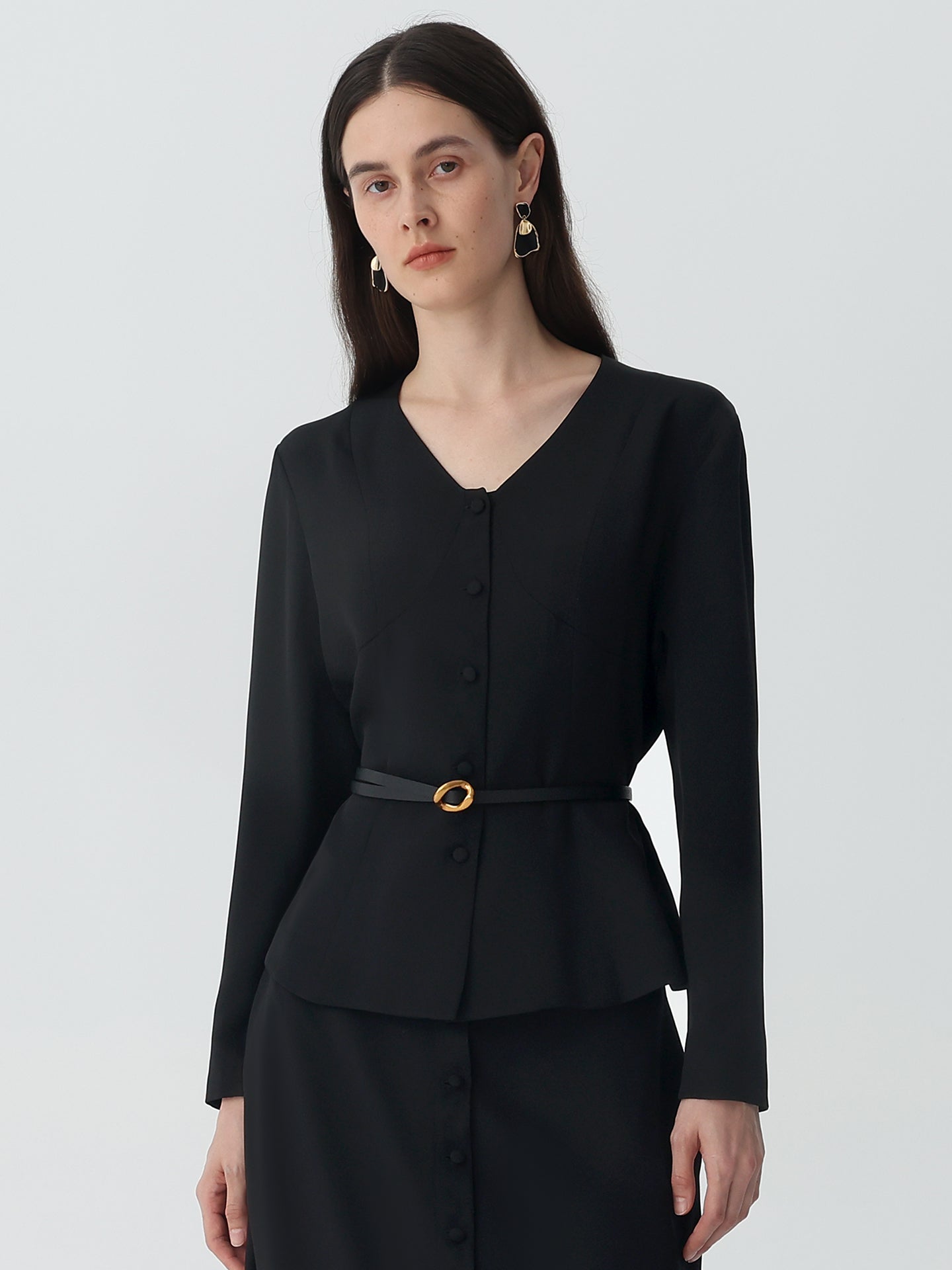 V-Neck Heavy Silk Crepe Cropped Jacket #color_Black