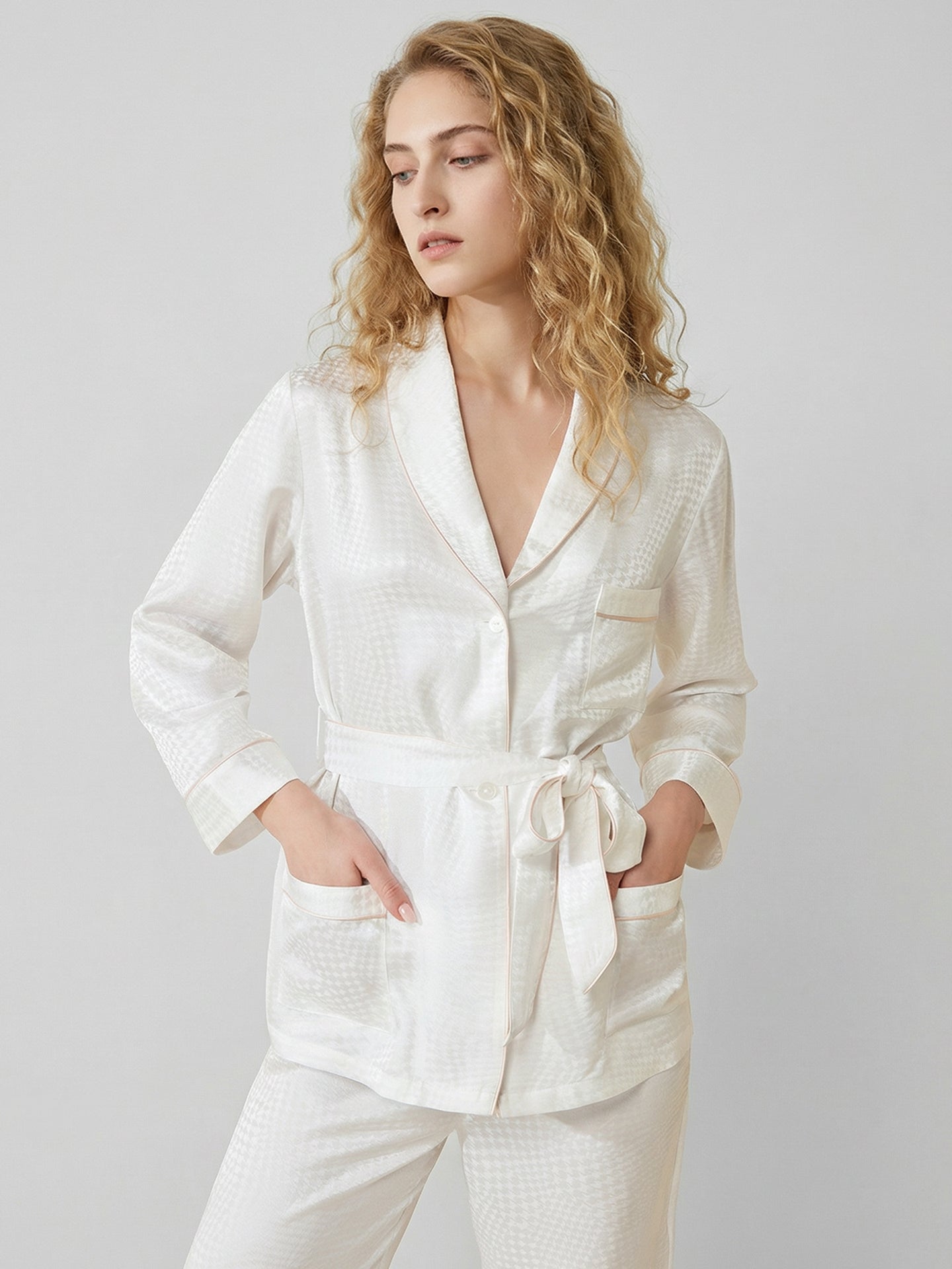 19 Momme Mulberry Silk Pajama Set with Belt#color_White