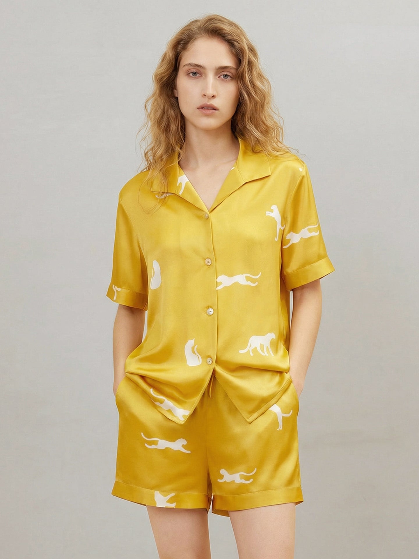 Silk Leopard Print Pajama Set#color_Golden