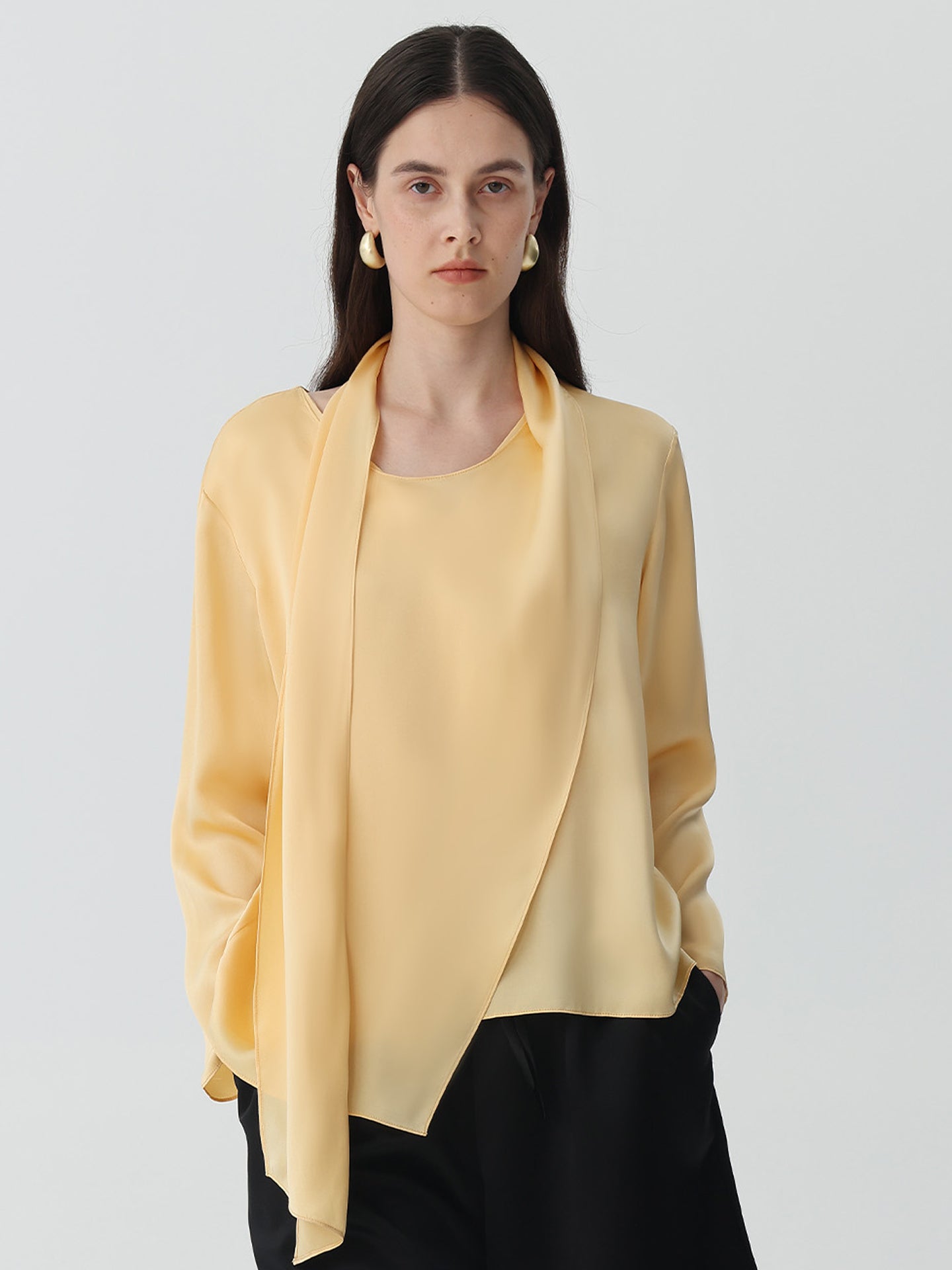Pollover Scarf-Collar Blouse in Silk#color_Champagne