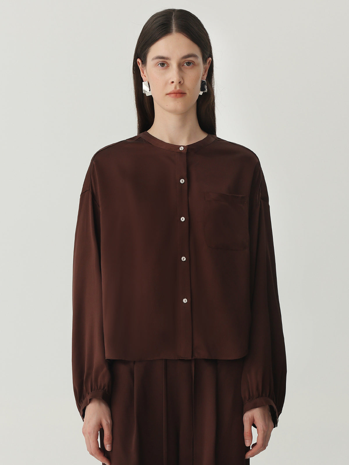 Lantern Sleeve Silk Shirt #color_Chocolate