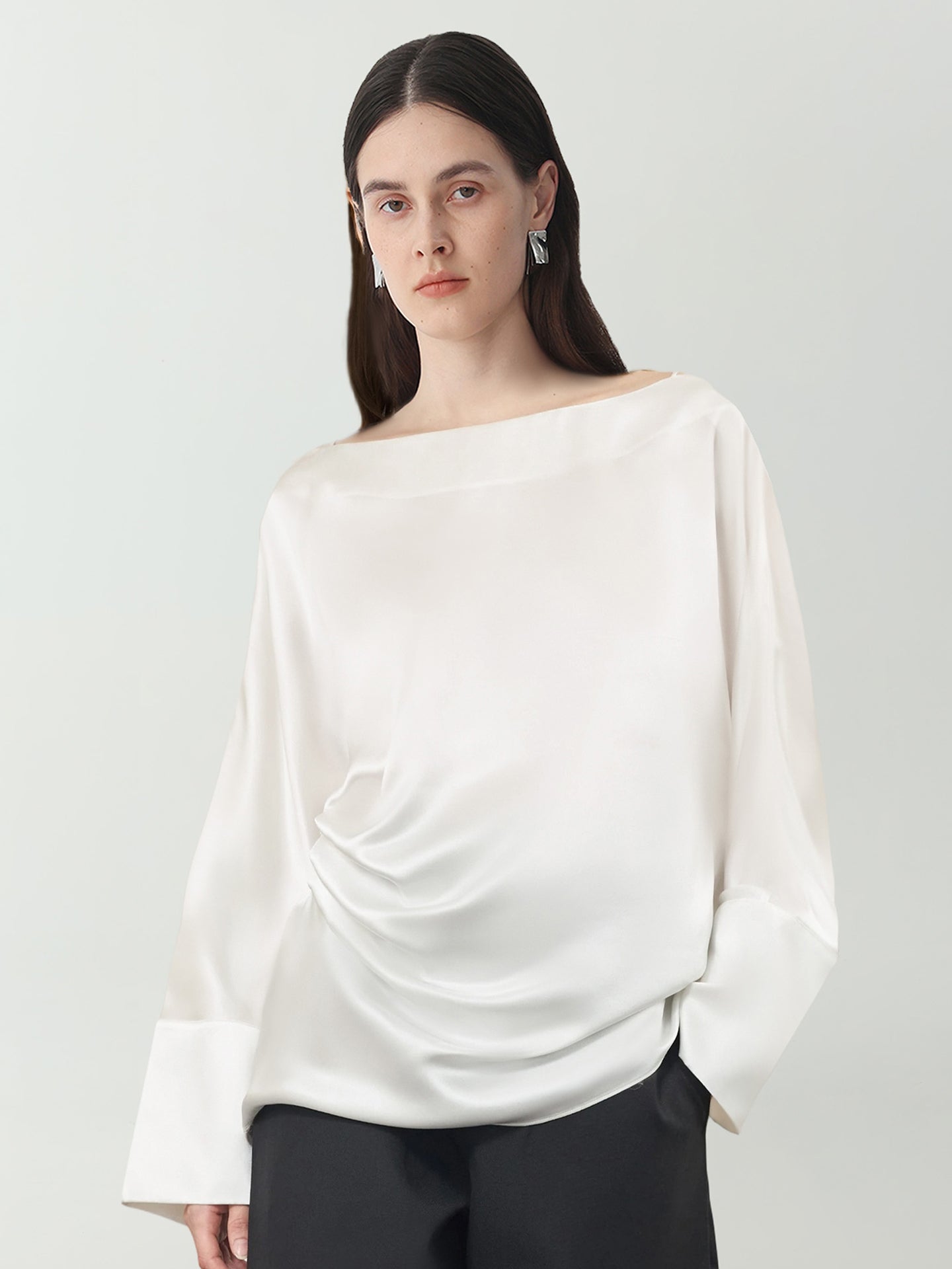 Batwing Sleeve Silk Top with Asymmetrical Pleates#color_White
