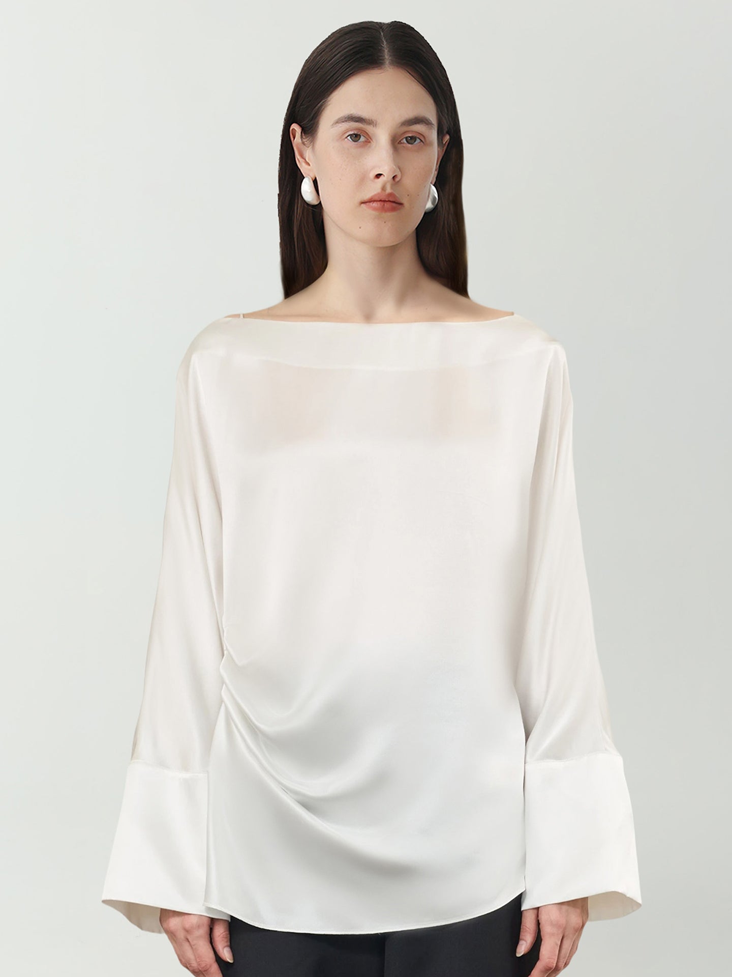 Batwing Sleeve Silk Top with Asymmetrical Pleates#color_White