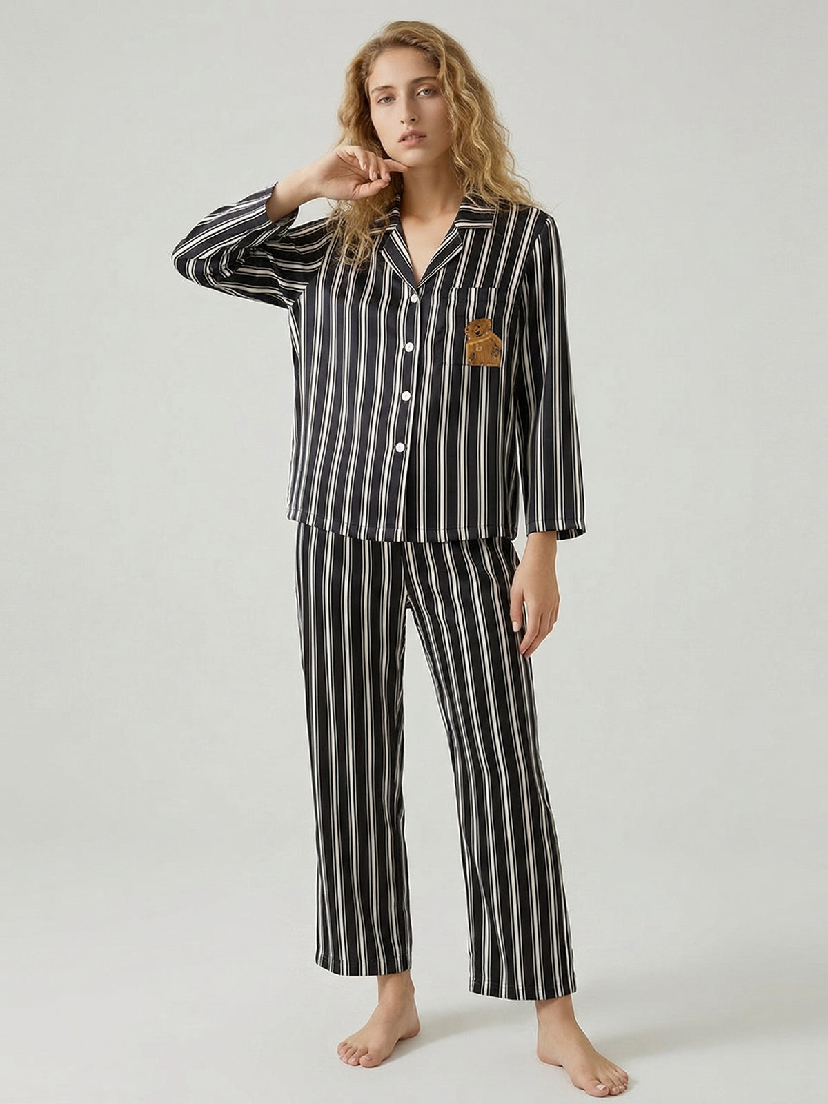 100% Mulberry Silk Striped Pajama Set#color_Black Stripes