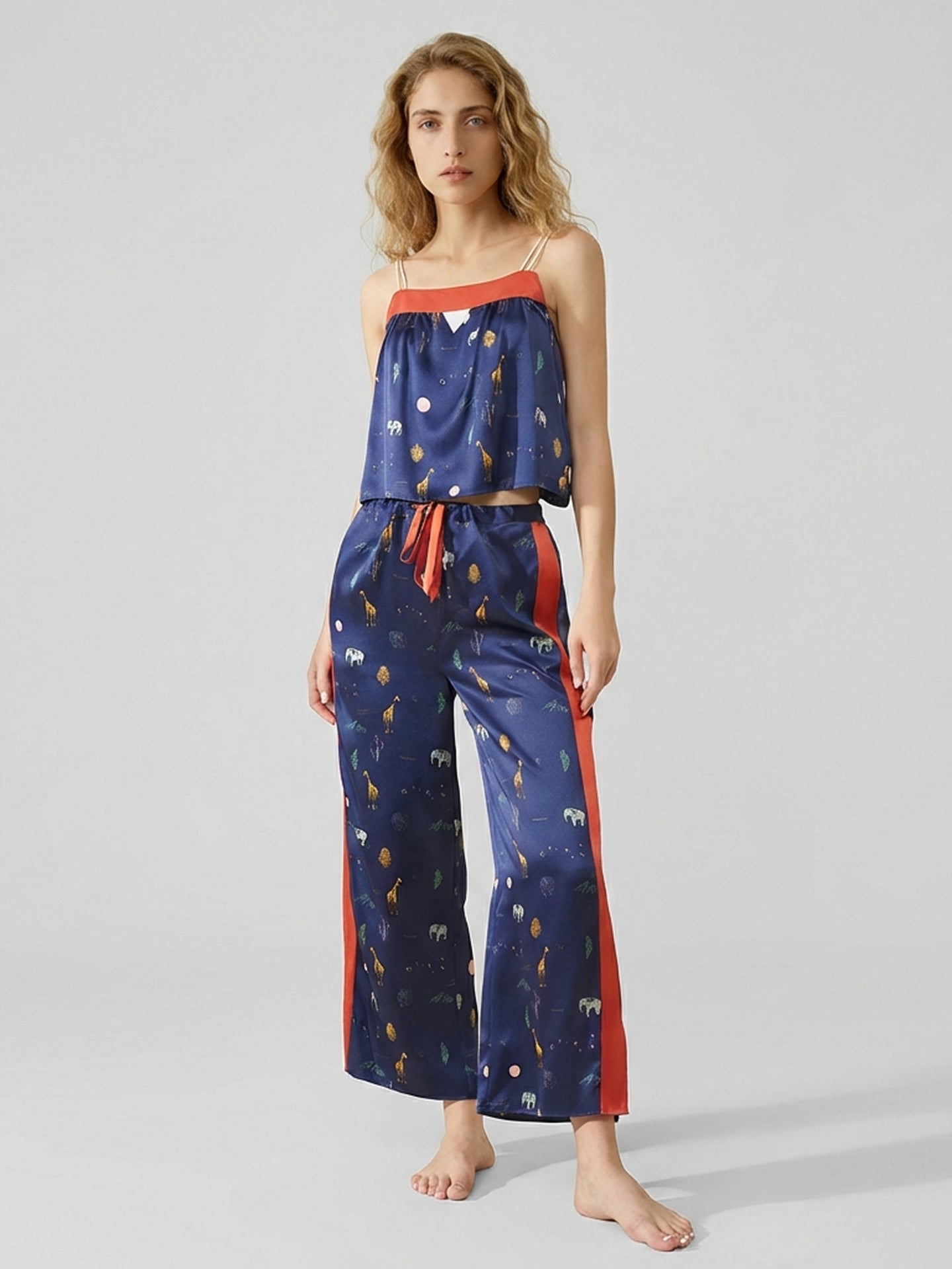 Silk Printed Camisole Pajama Set#color_Navy Print