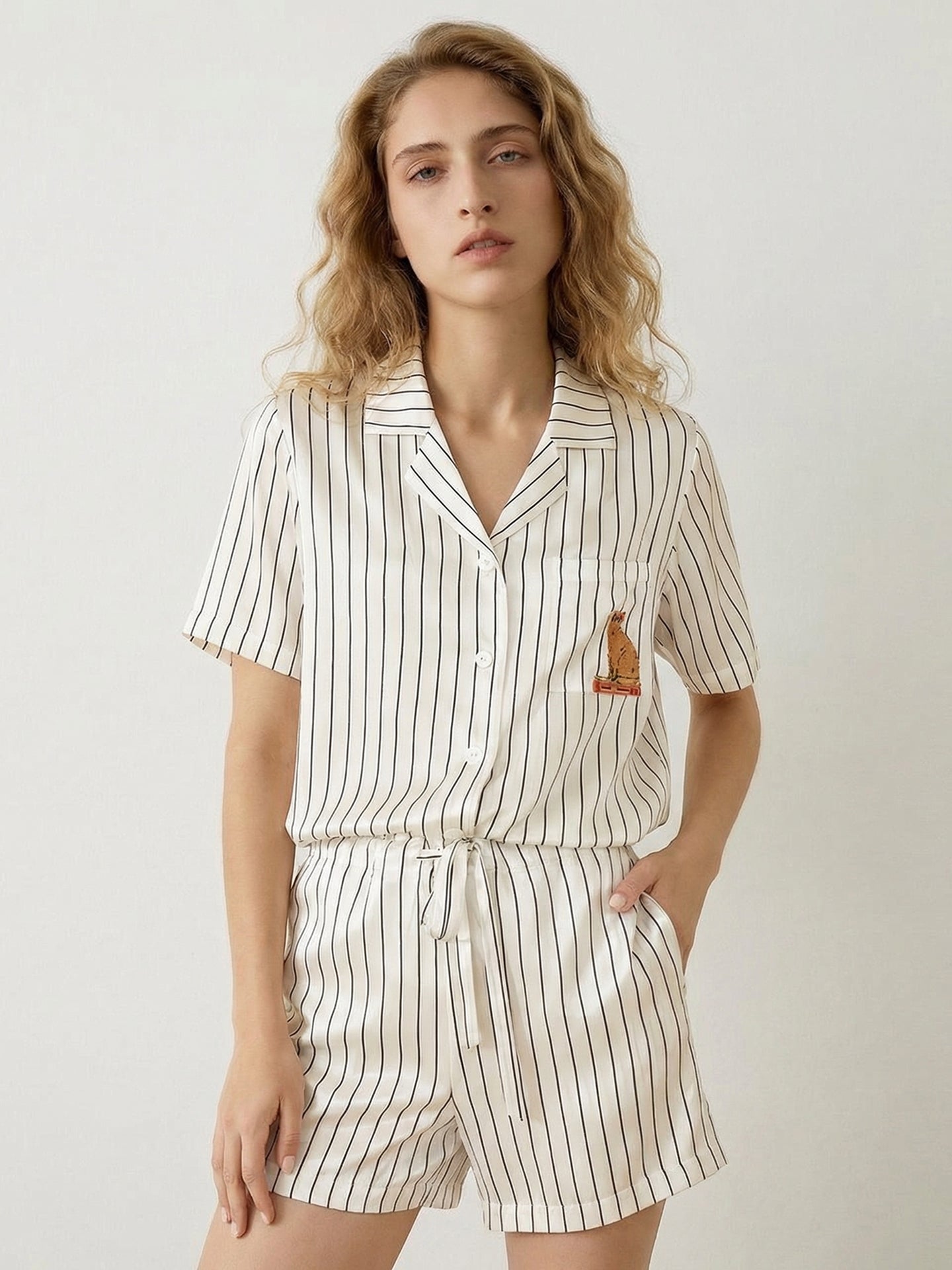 Silk Striped Pajama Set#color_White Stripes