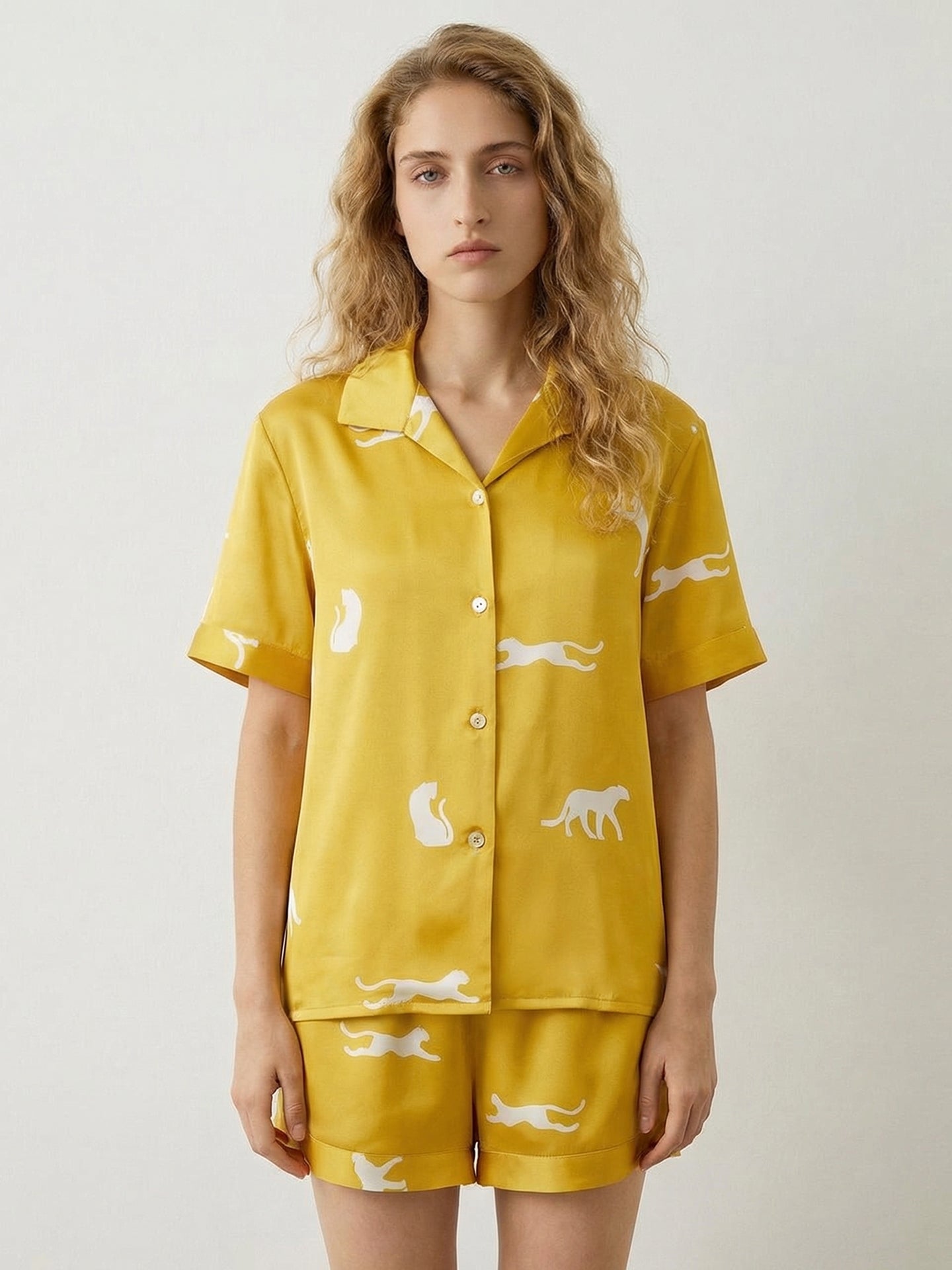 Silk Leopard Print Pajama Set#color_Golden