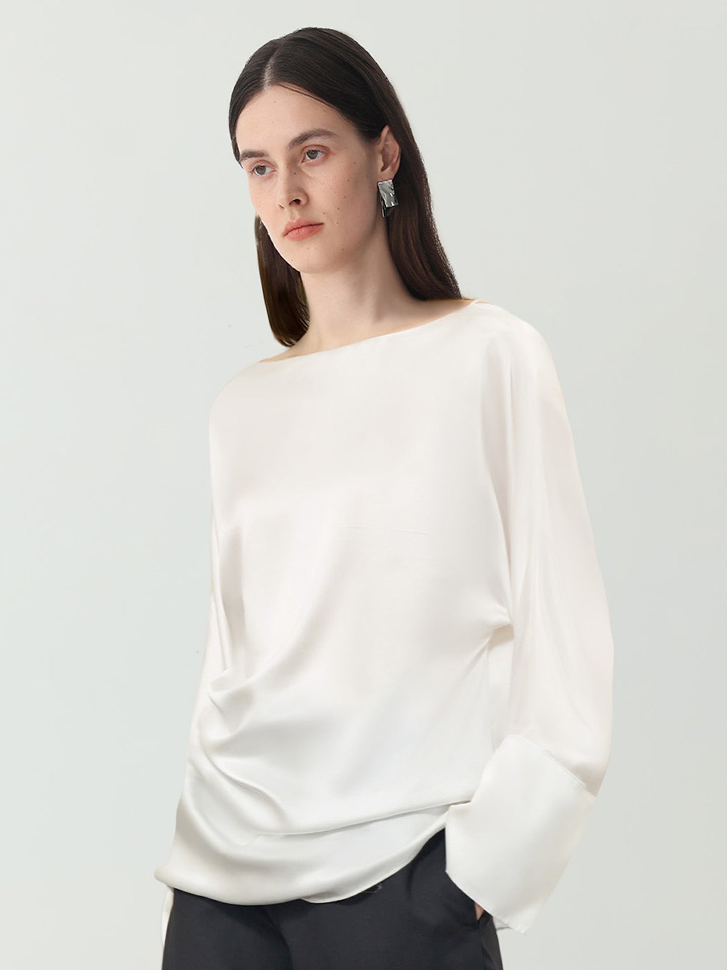 Batwing Sleeve Silk Top with Asymmetrical Pleates#color_White