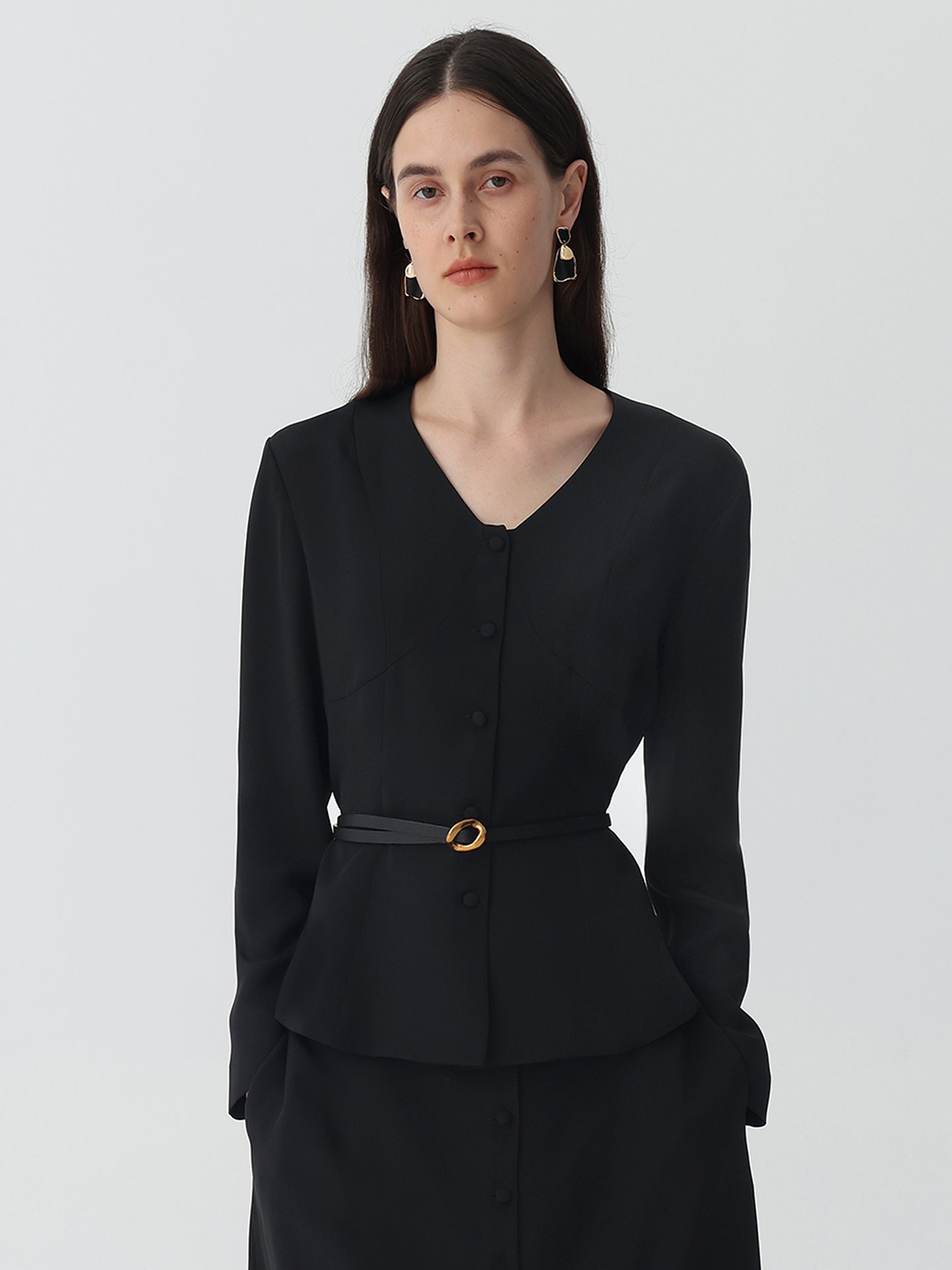 V-Neck Heavy Silk Crepe Cropped Jacket #color_Black