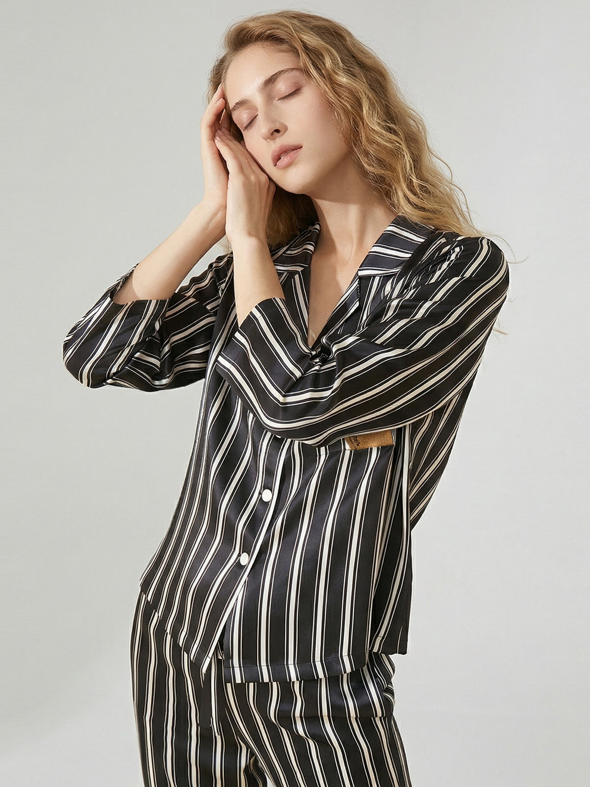 100% Mulberry Silk Striped Pajama Set#color_Black Stripes