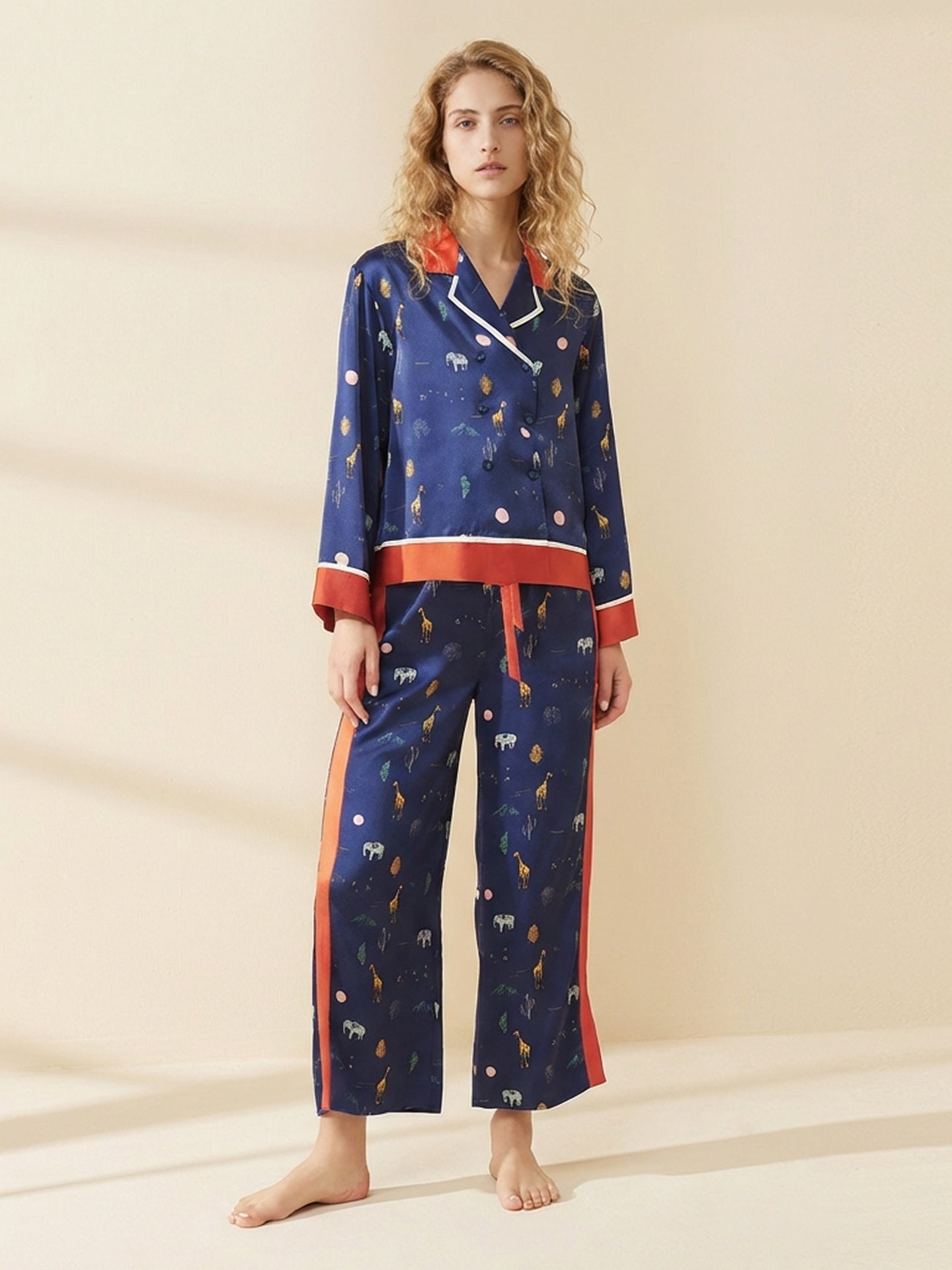 100% Mulberry Silk Printed Pajama Set#color_Navy Print