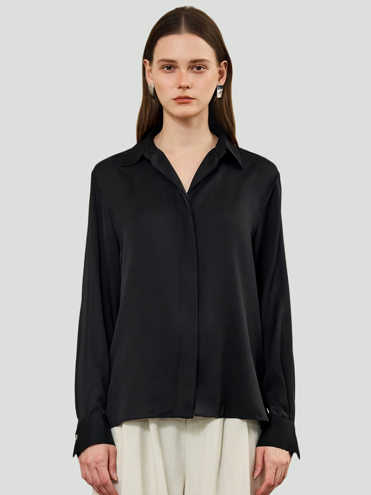 Concealed Placket Shirt in Silk #color_Black
