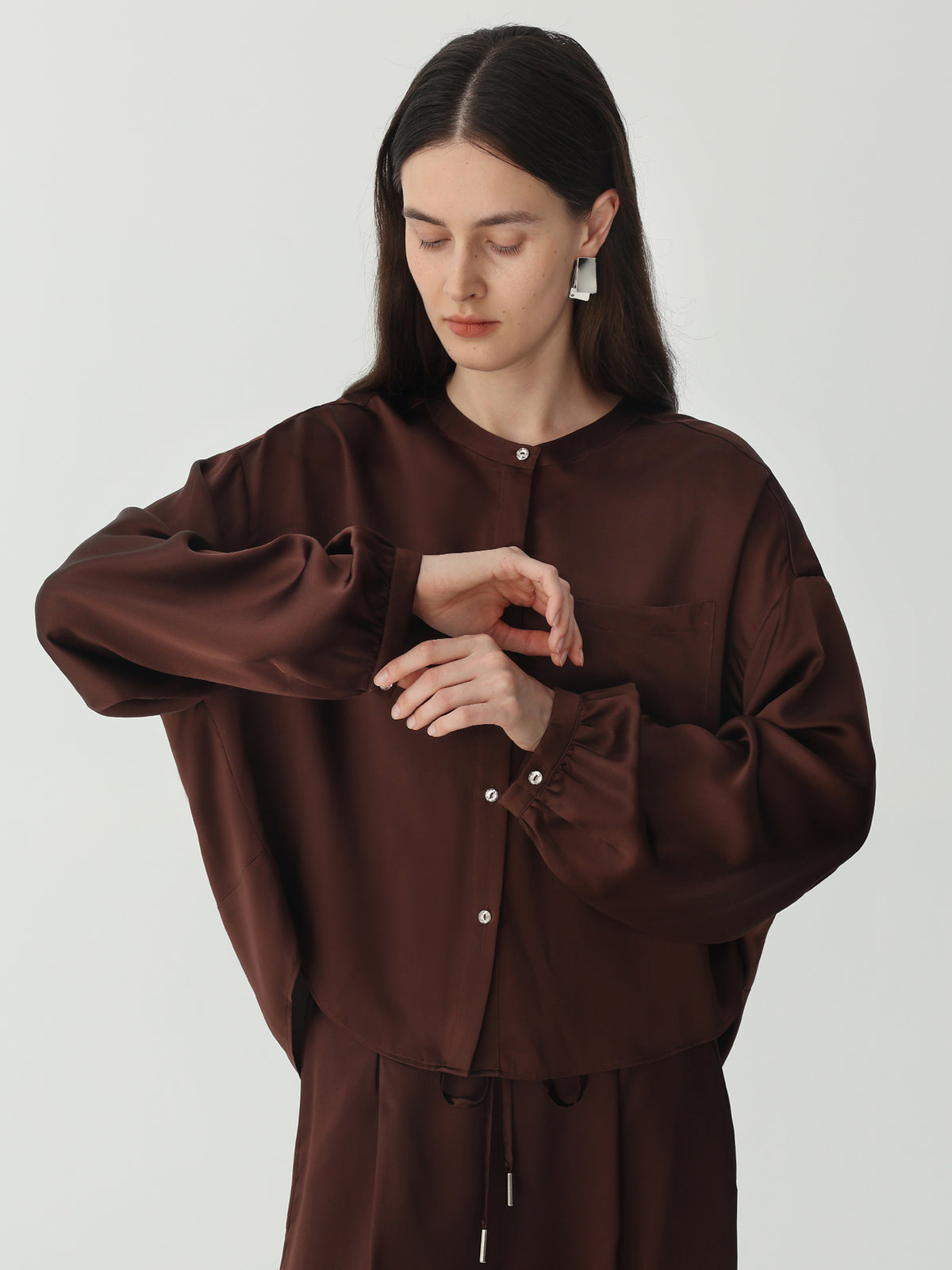 Lantern Sleeve Silk Shirt #color_Chocolate