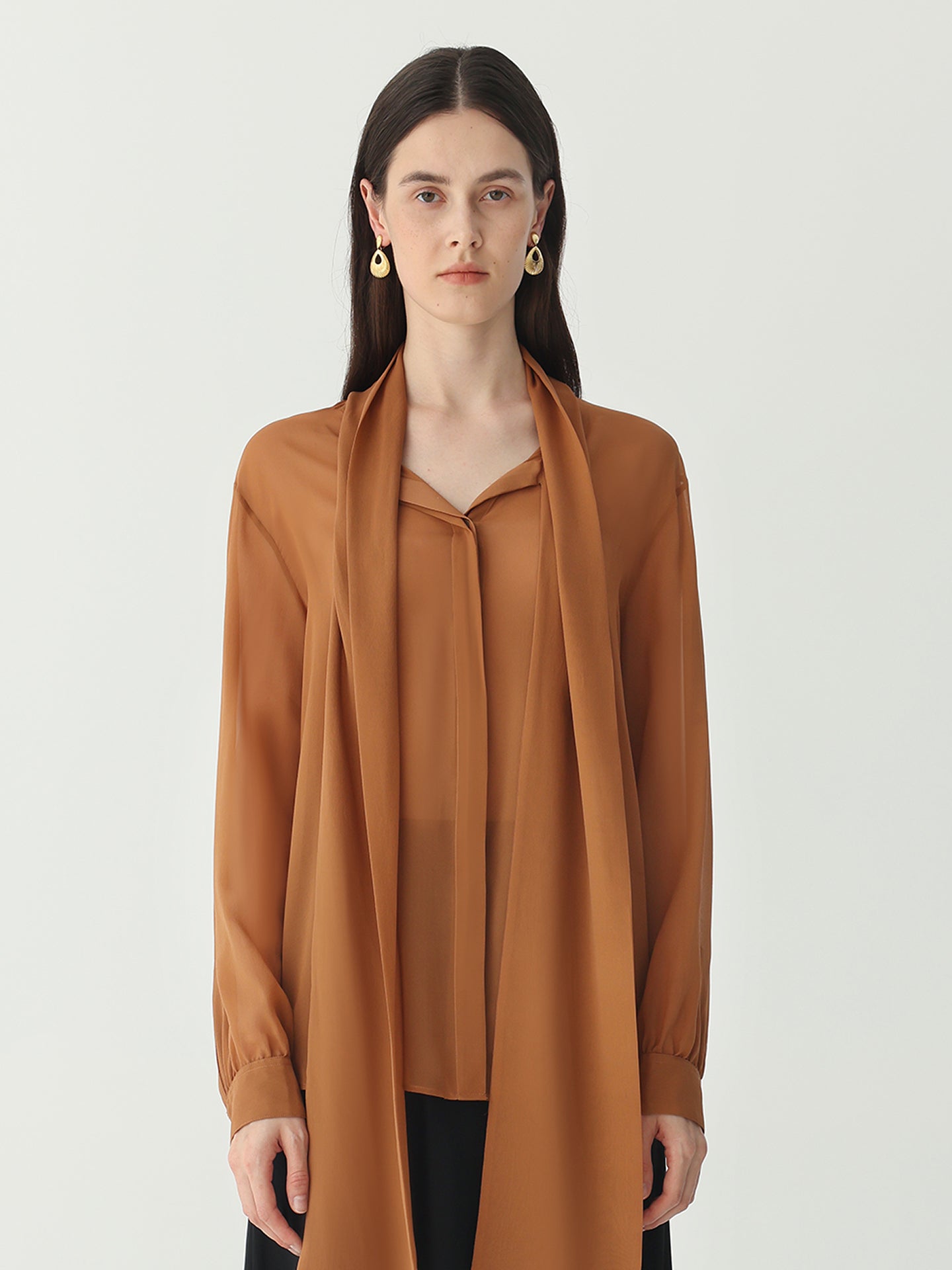 Tie Neck Blouse #color_Caramel