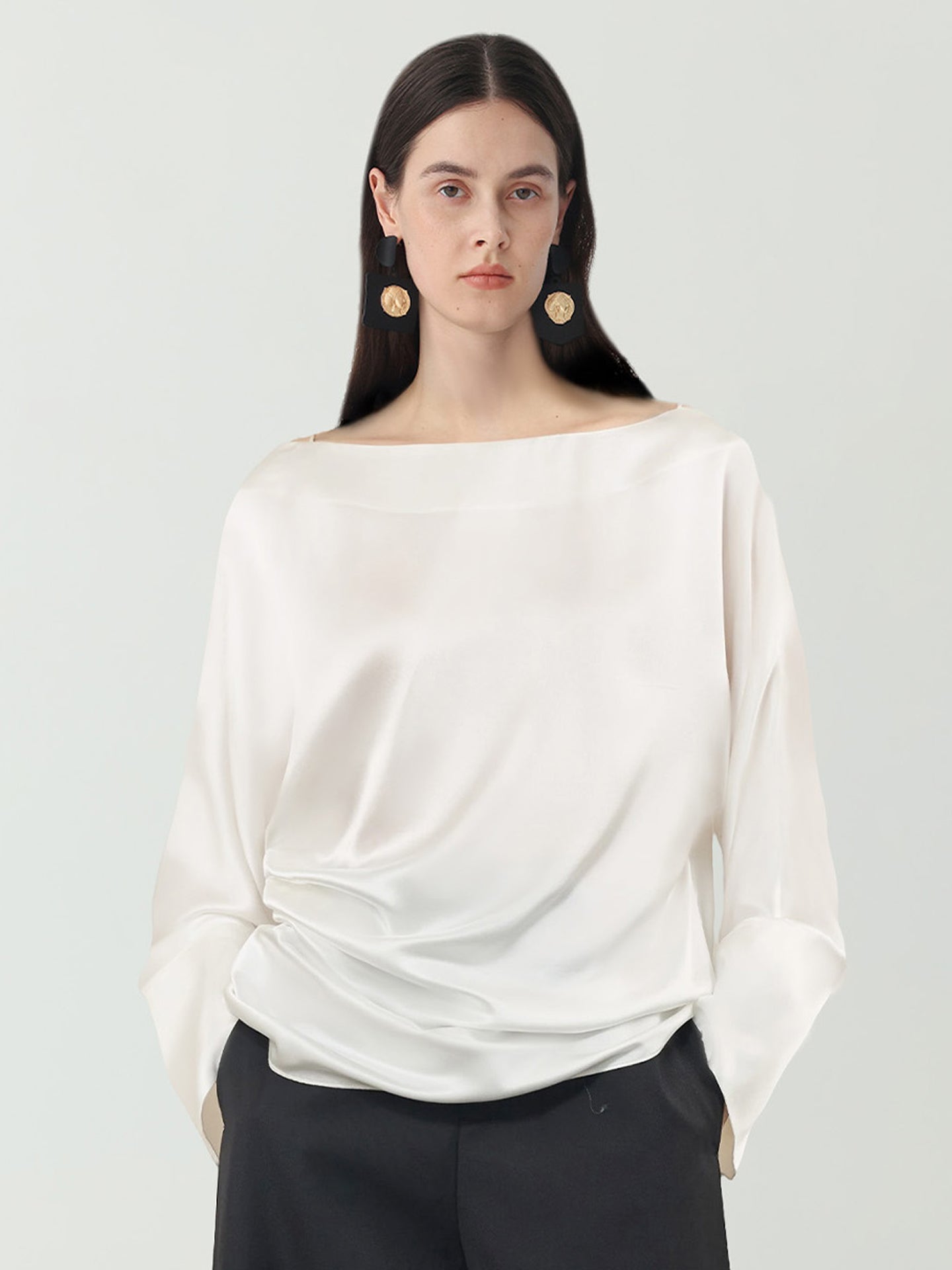 Batwing Sleeve Silk Top with Asymmetrical Pleates#color_White