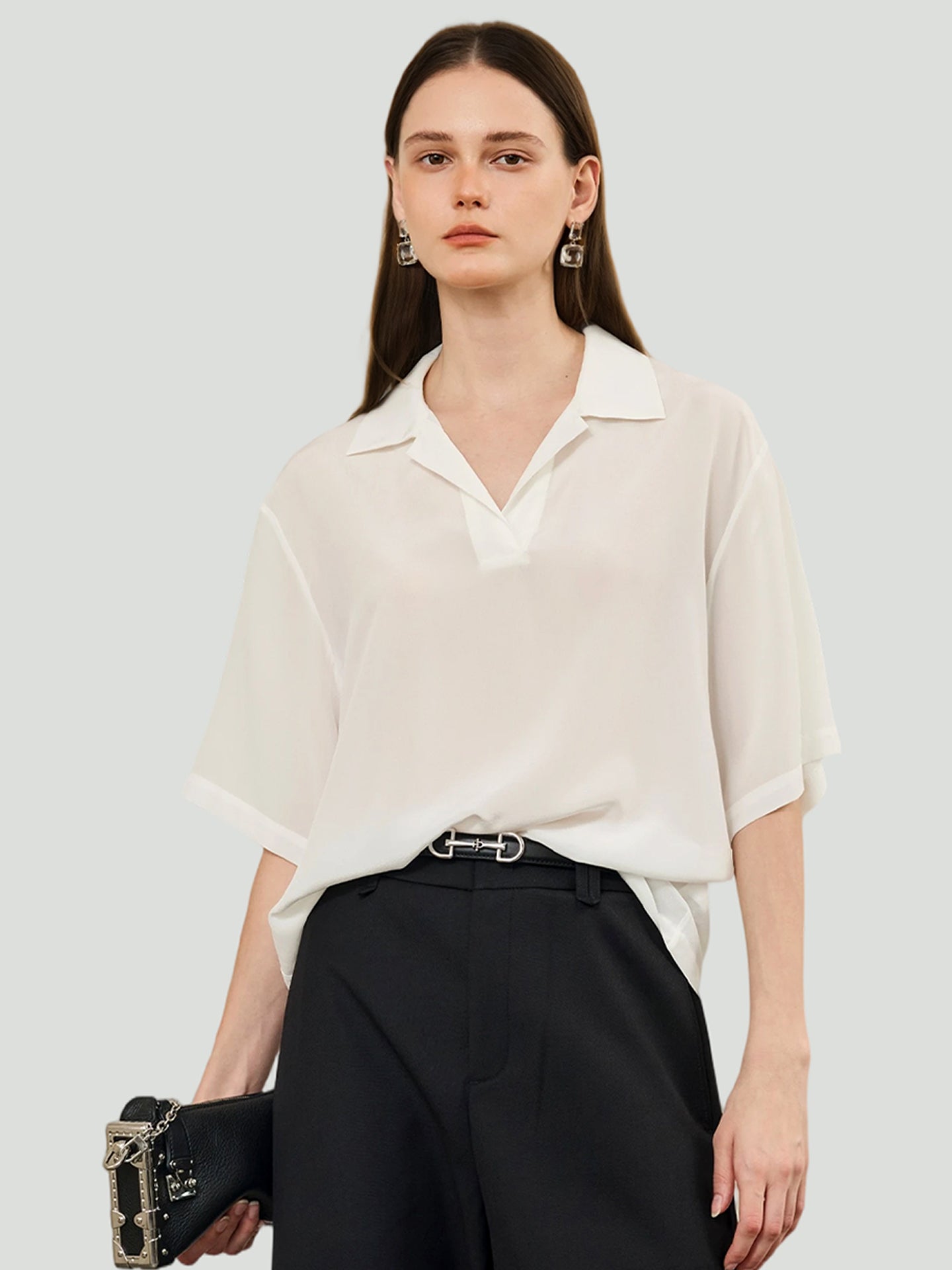 Half-open polo shirt in silk#color_Ivory white