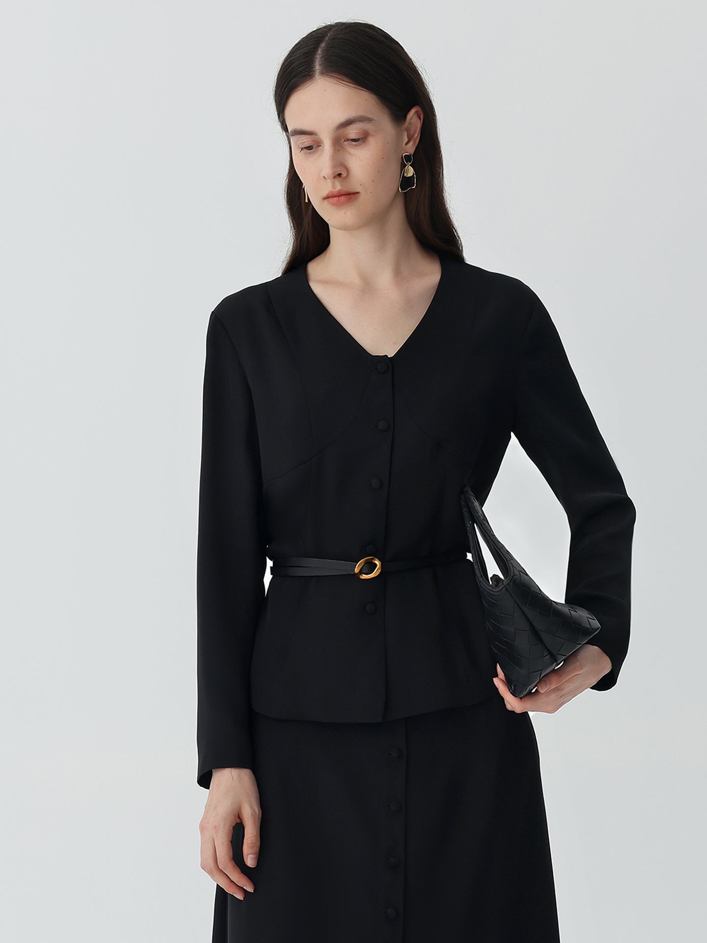 V-Neck Heavy Silk Crepe Cropped Jacket #color_Black