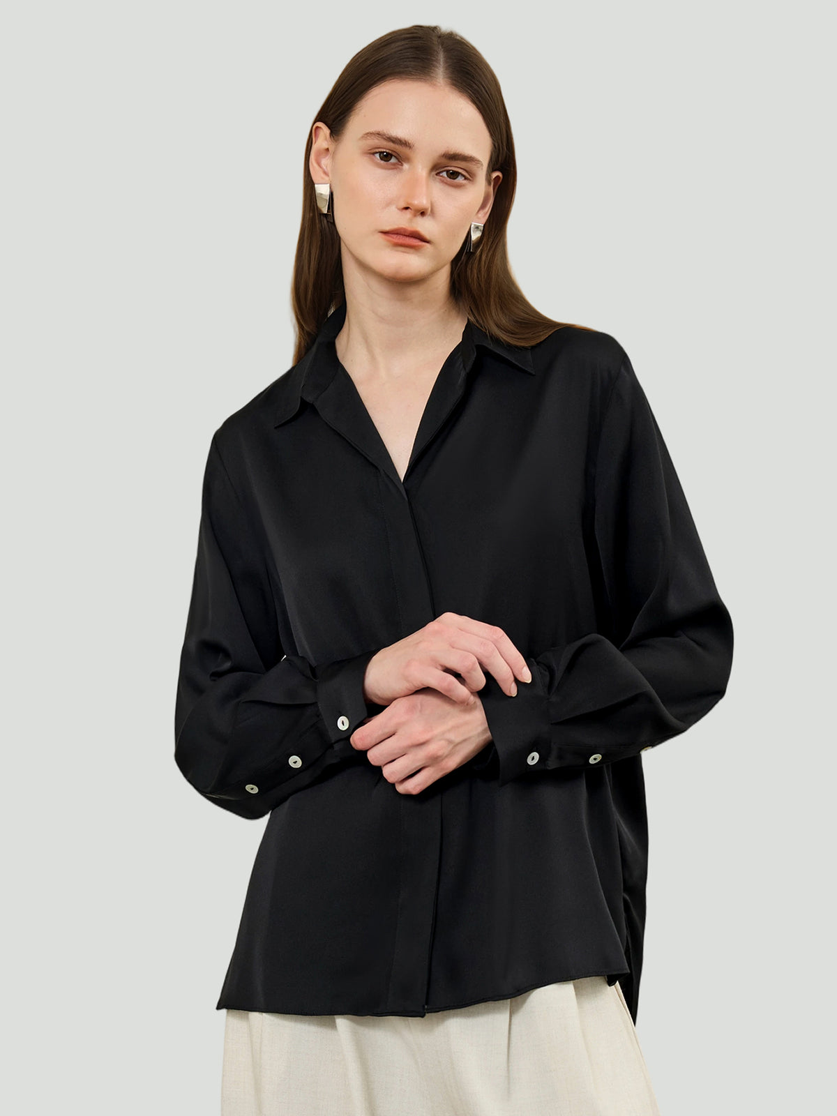 Concealed Placket Shirt in Silk #color_Black