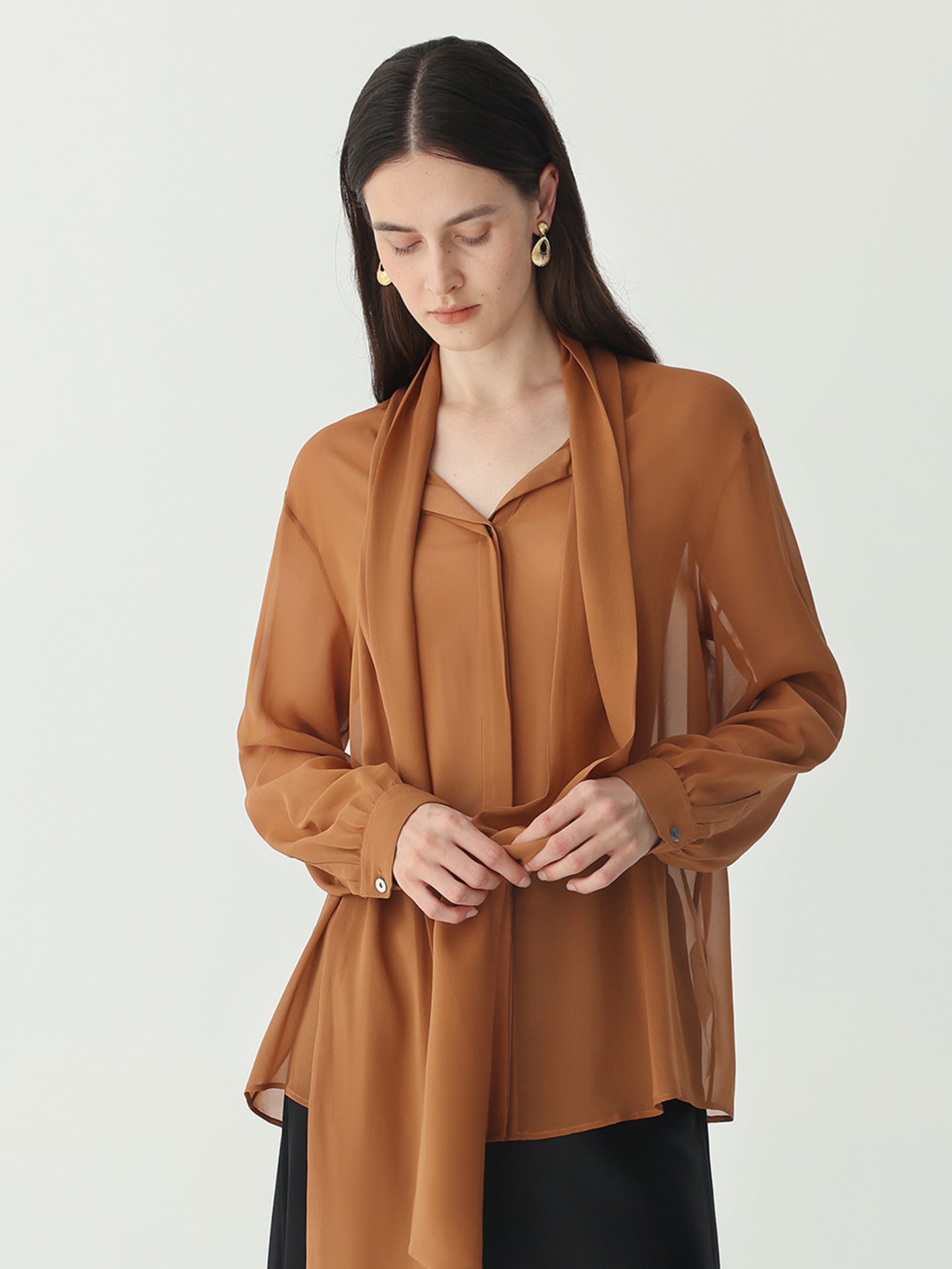 Tie Neck Blouse #color_Caramel