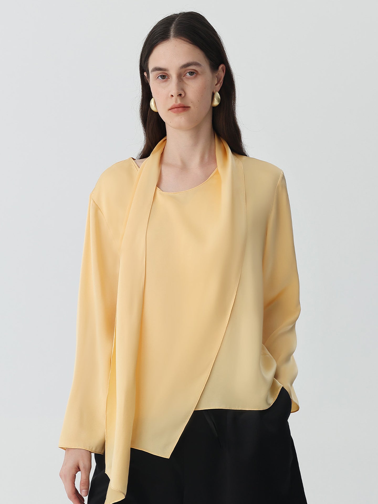 Pollover Scarf-Collar Blouse in Silk#color_Champagne