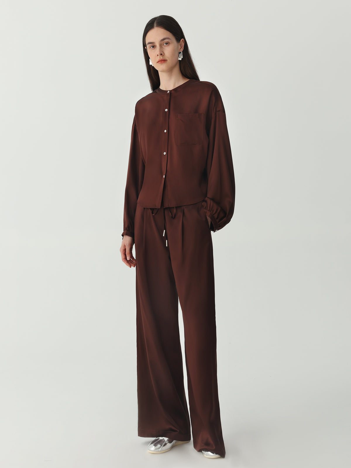 Lantern Sleeve Silk Shirt #color_Chocolate